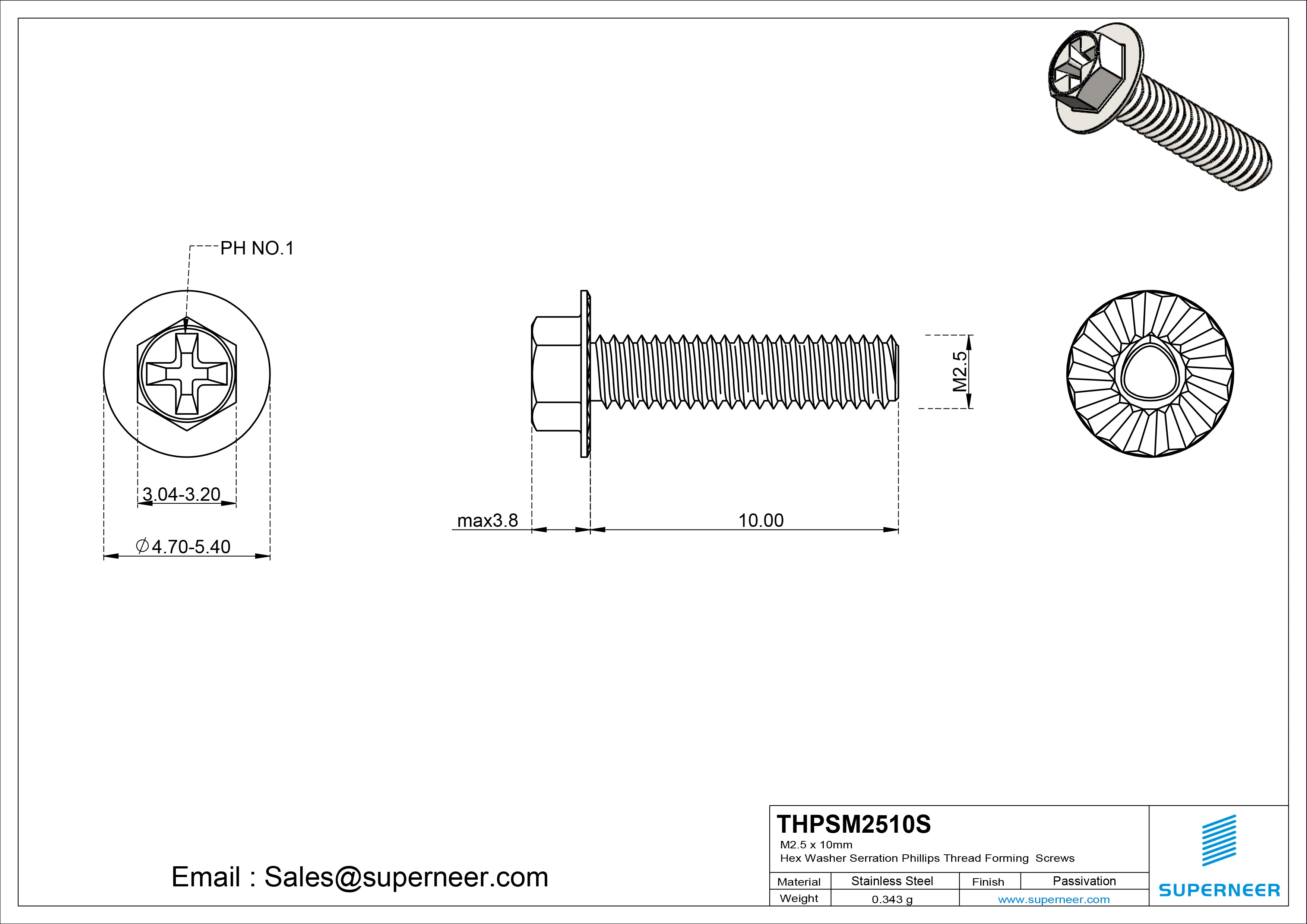 M2.5 × 10mm Indented Hex Washer Serrattion Phillips Thread Forming Screws for Metal SUS304 Stainless Steel Inox