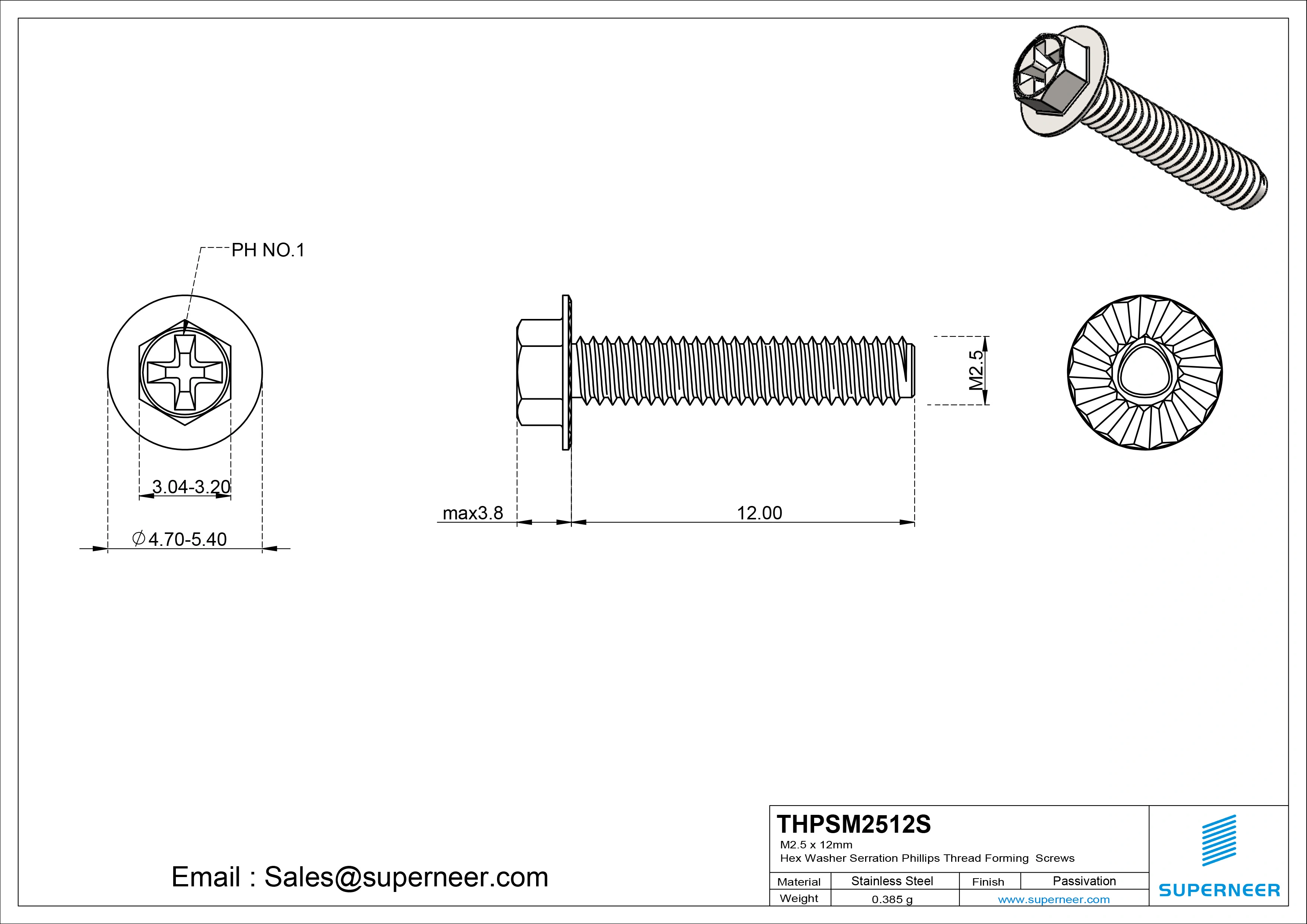 M2.5 × 12mm Indented Hex Washer Serrattion Phillips Thread Forming Screws for Metal SUS304 Stainless Steel Inox