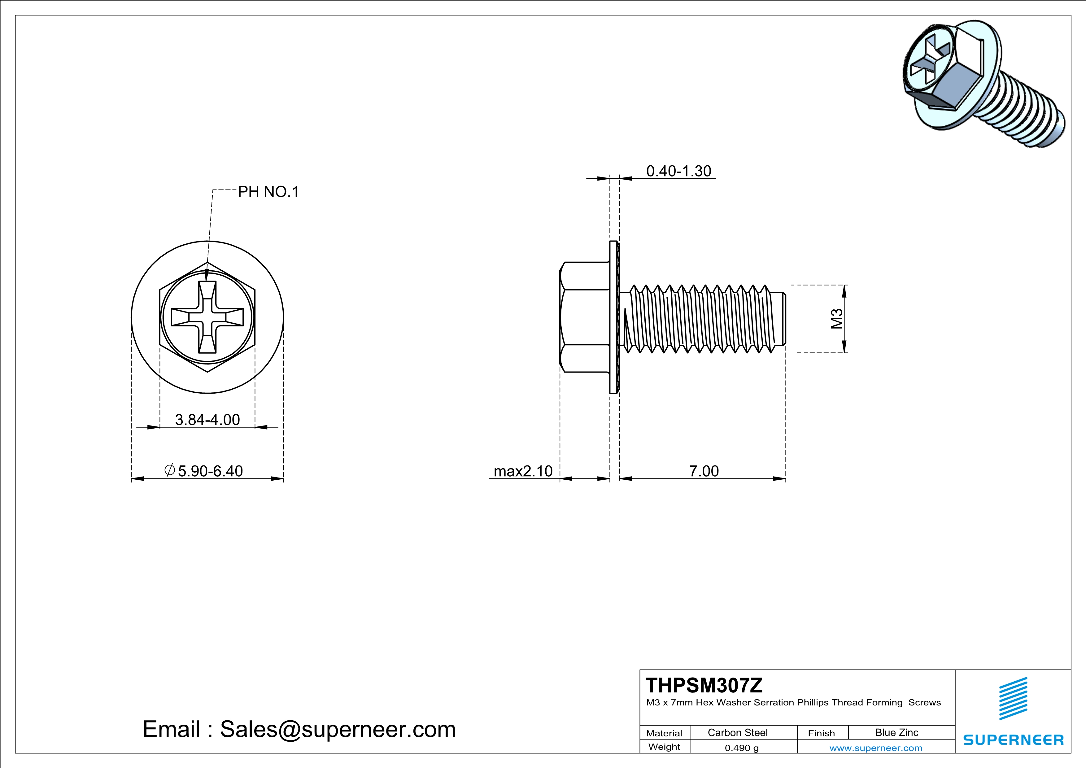 M3 × 7mm Indented Hex Washer Serrattion Phillips Thread Forming Screws for Metal Steel Blue Zinc Plated