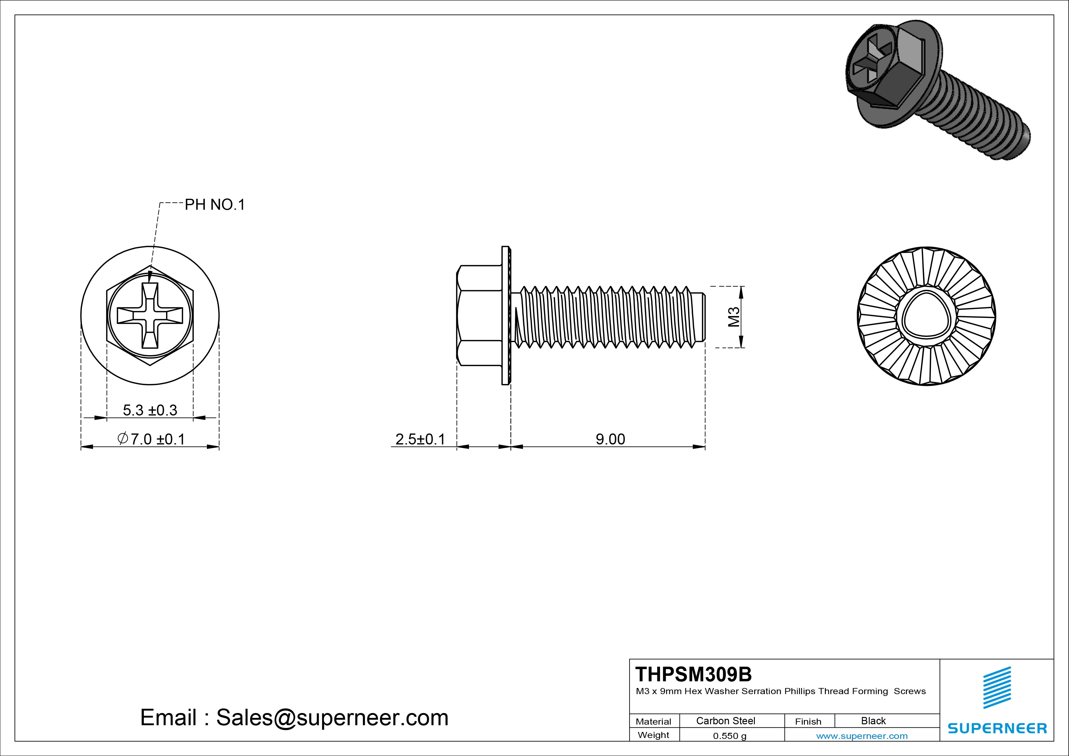 M3 × 9mm Indented Hex Washer Serrattion Phillips Thread Forming Screws for Metal Steel Black