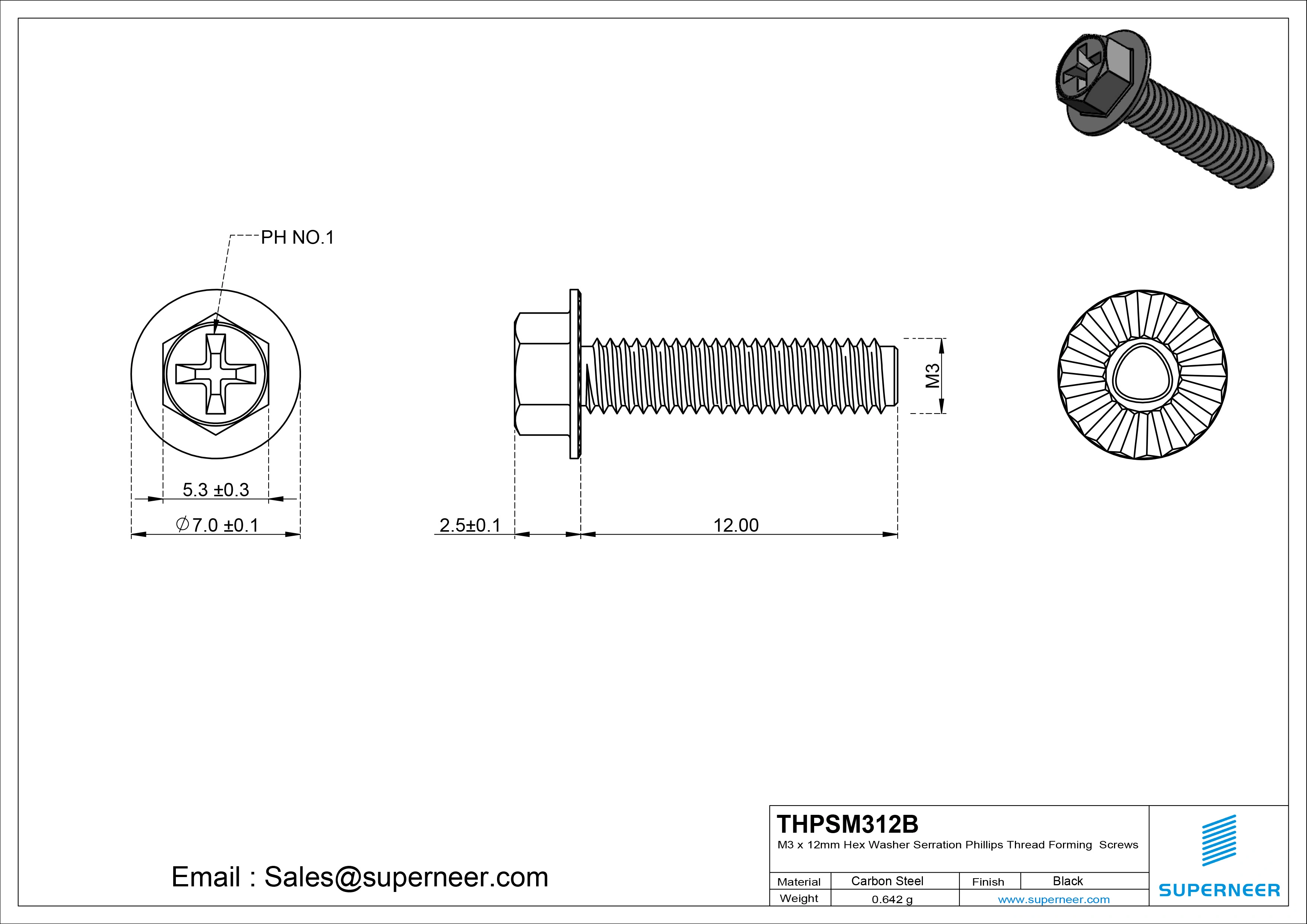 M3 × 12mm Indented Hex Washer Serrattion Phillips Thread Forming Screws for Metal Steel Black