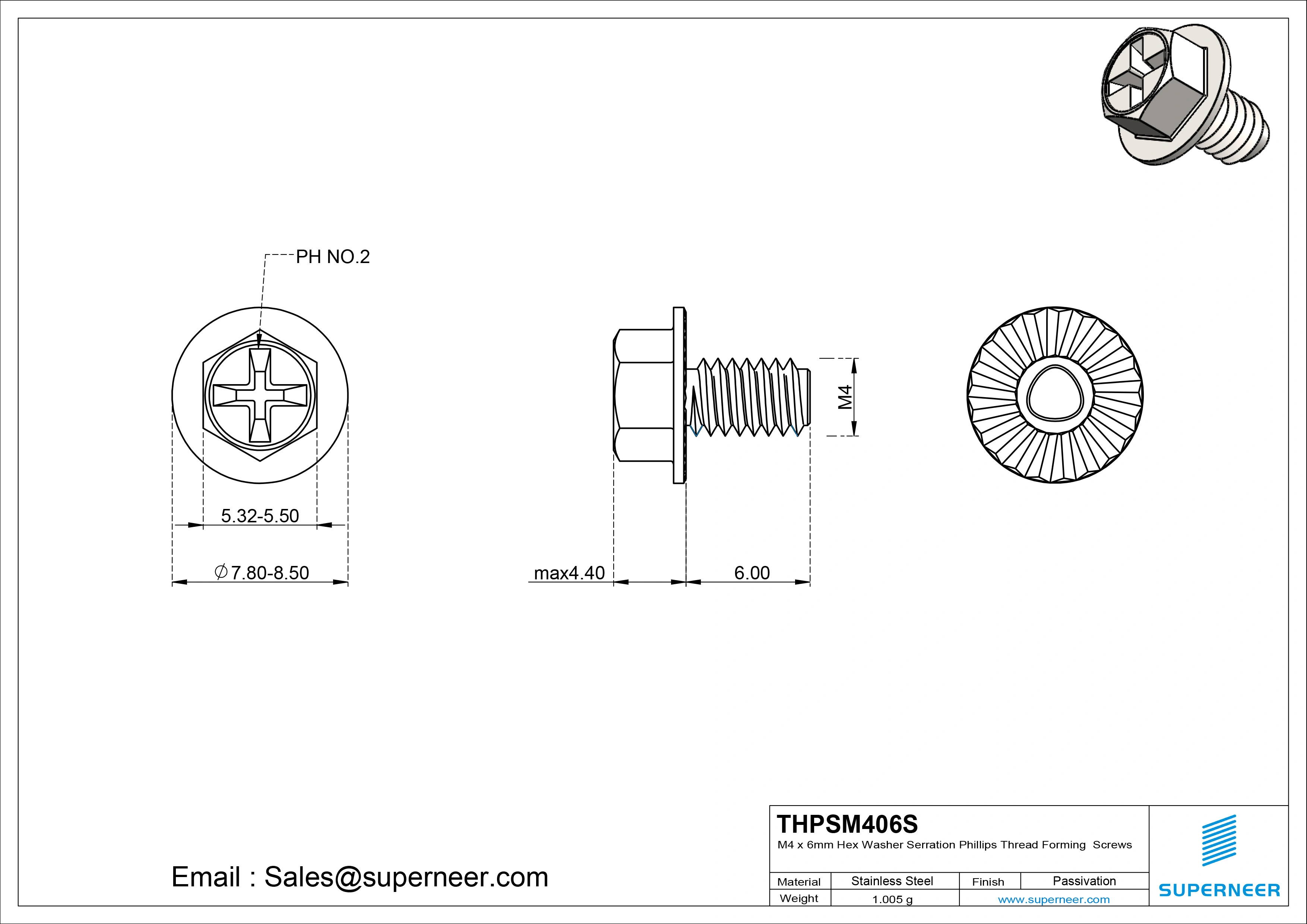 M4 × 6mm Indented Hex Washer Serrattion Phillips Thread Forming Screws for Metal SUS304 Stainless Steel Inox