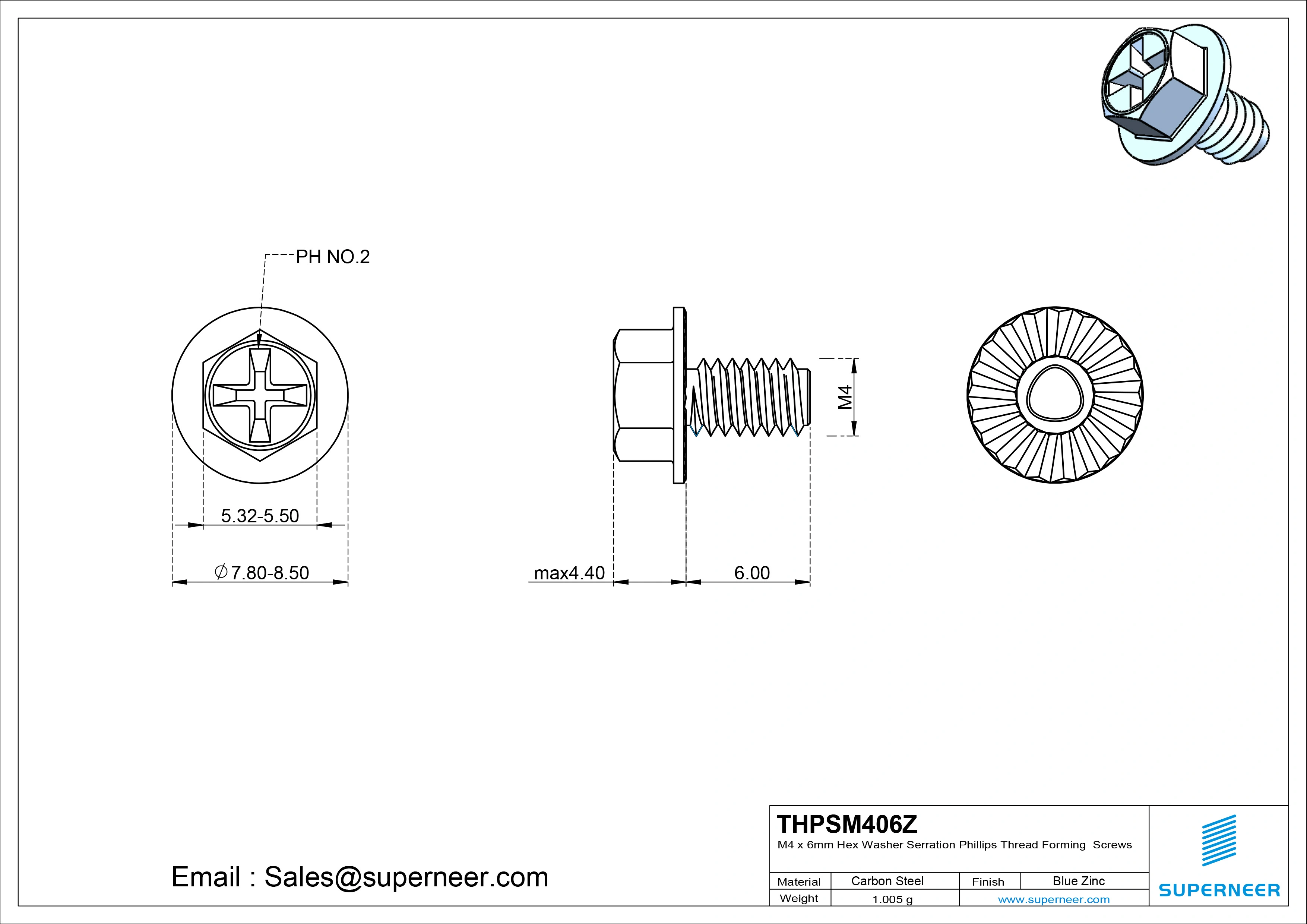 M4 × 6mm Indented Hex Washer Serrattion Phillips Thread Forming Screws for Metal Steel Blue Zinc Plated