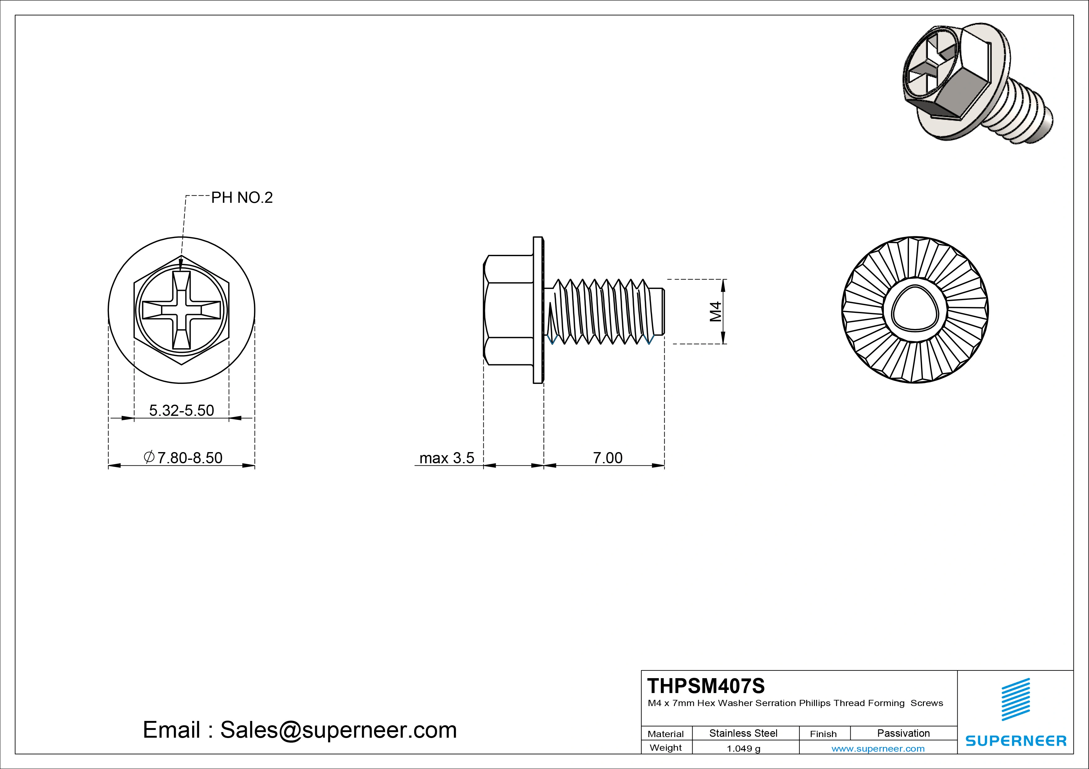 M4 × 7mm Indented Hex Washer Serrattion Phillips Thread Forming Screws for Metal SUS304 Stainless Steel Inox