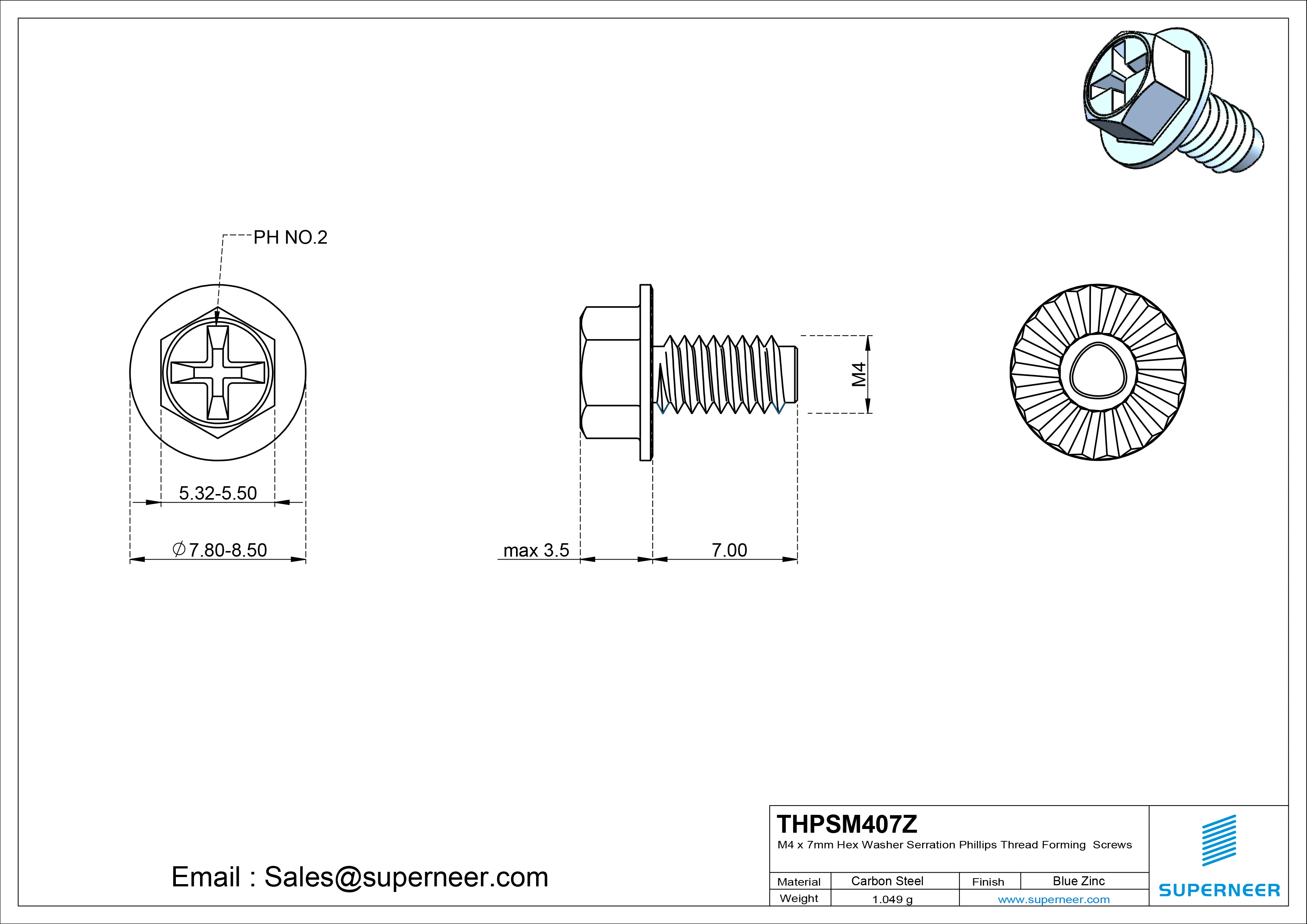 M4 × 7mm Indented Hex Washer Serrattion Phillips Thread Forming Screws for Metal Steel Blue Zinc Plated