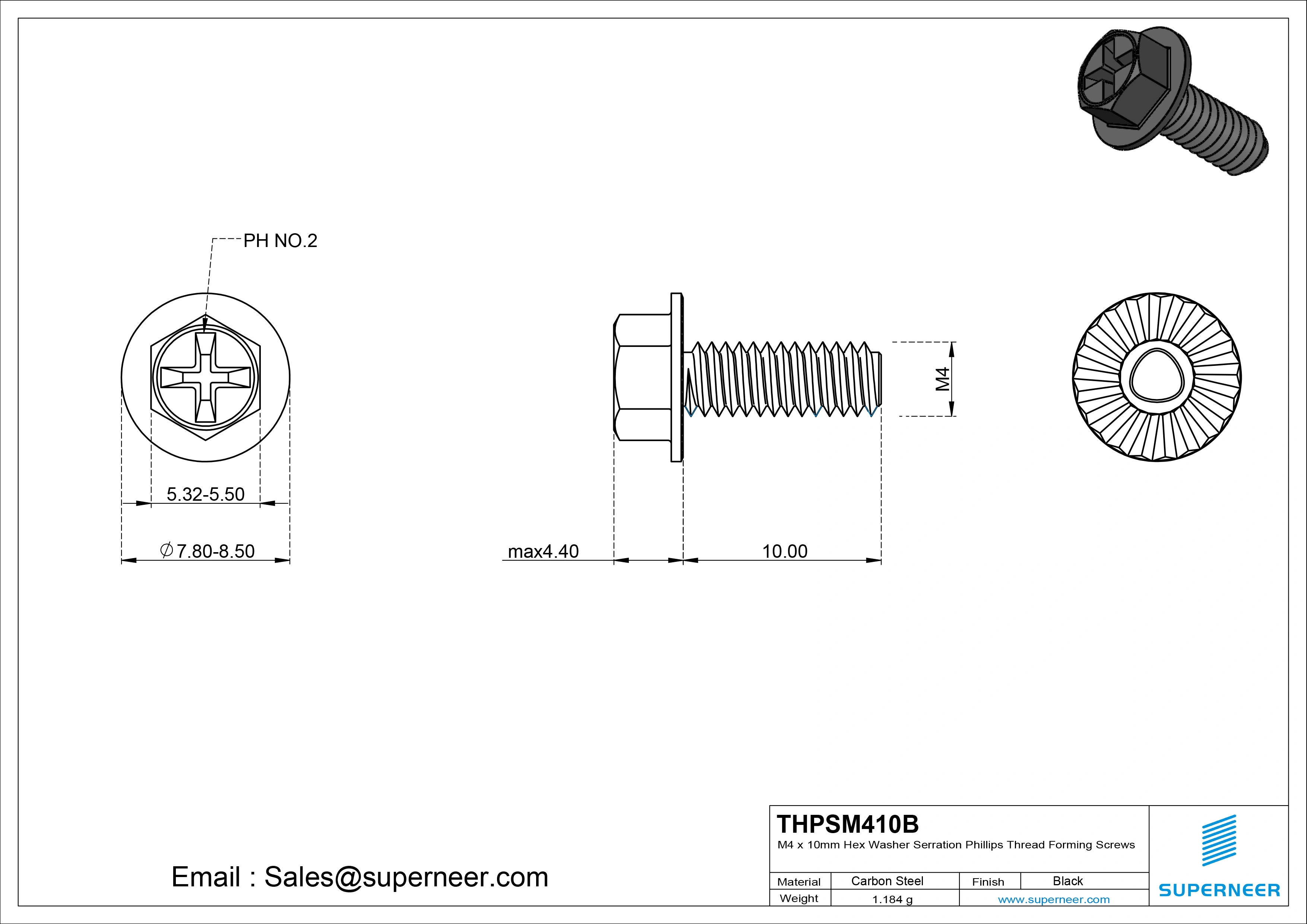 M4 × 10mm Indented Hex Washer Serrattion Phillips Thread Forming Screws for Metal Steel Black