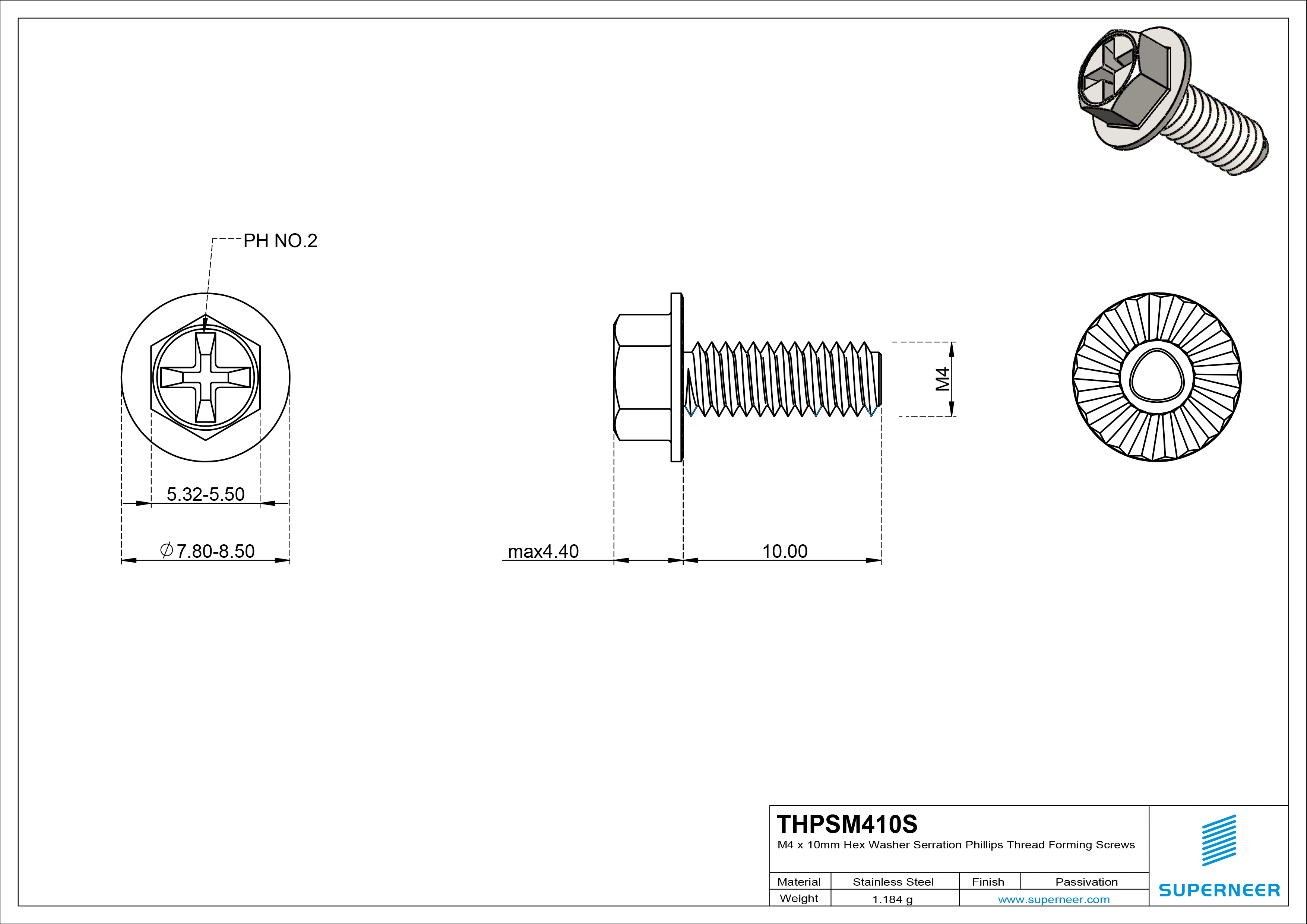 M4 × 10mm Indented Hex Washer Serrattion Phillips Thread Forming Screws for Metal SUS304 Stainless Steel Inox