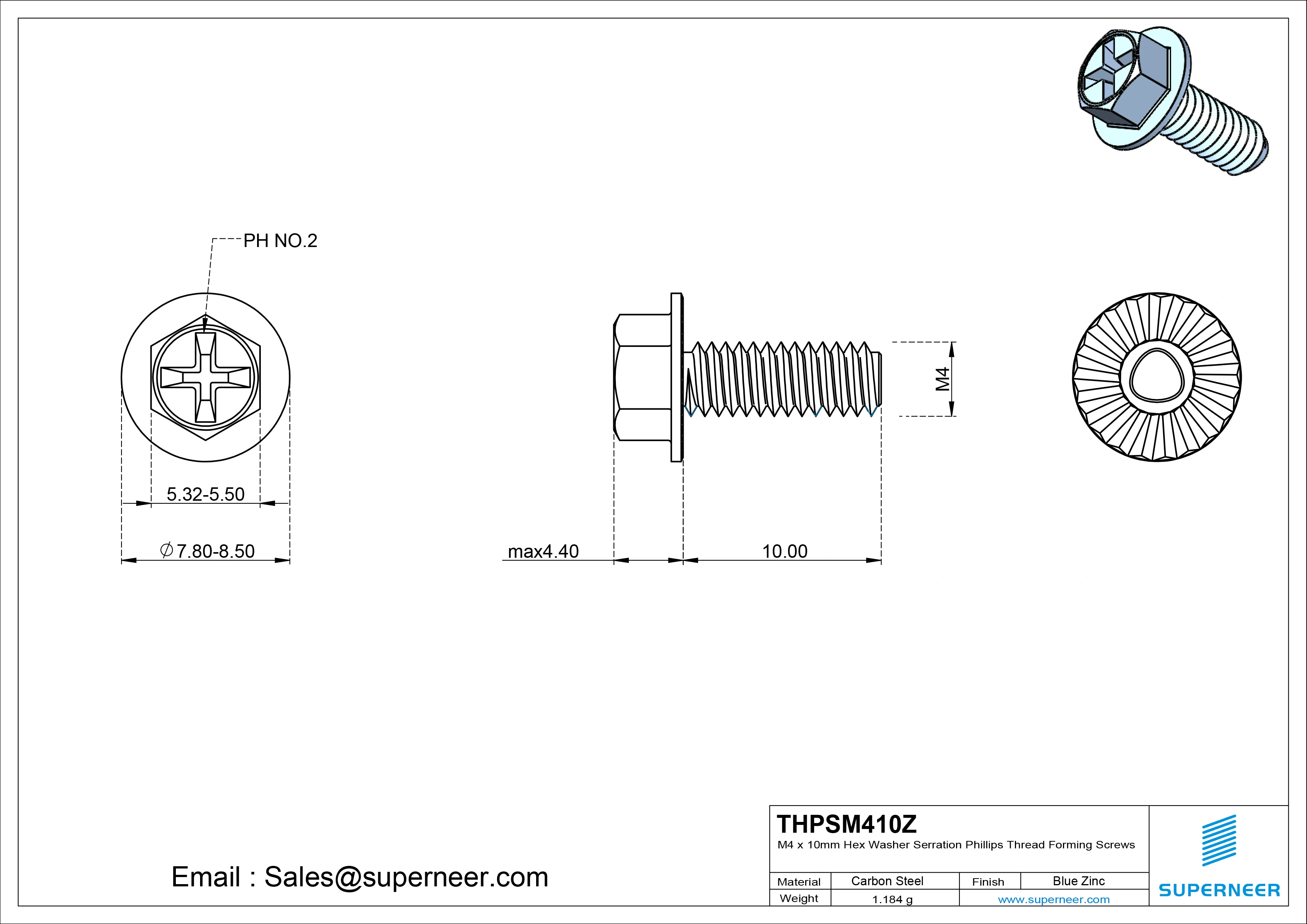 M4 × 10mm Indented Hex Washer Serrattion Phillips Thread Forming Screws for Metal Steel Blue Zinc Plated