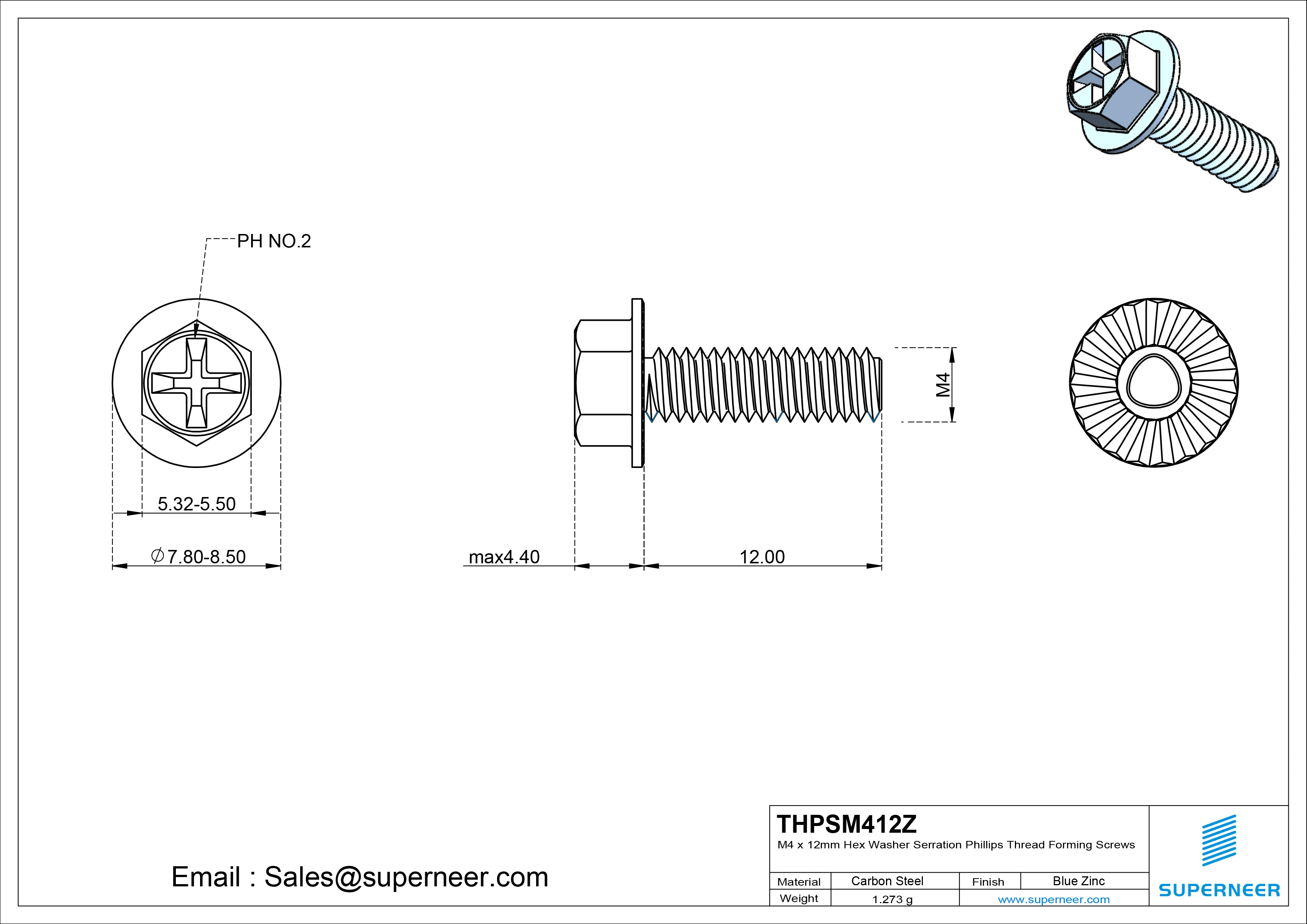 M4 × 12mm Indented Hex Washer Serrattion Phillips Thread Forming Screws for Metal Steel Blue Zinc Plated