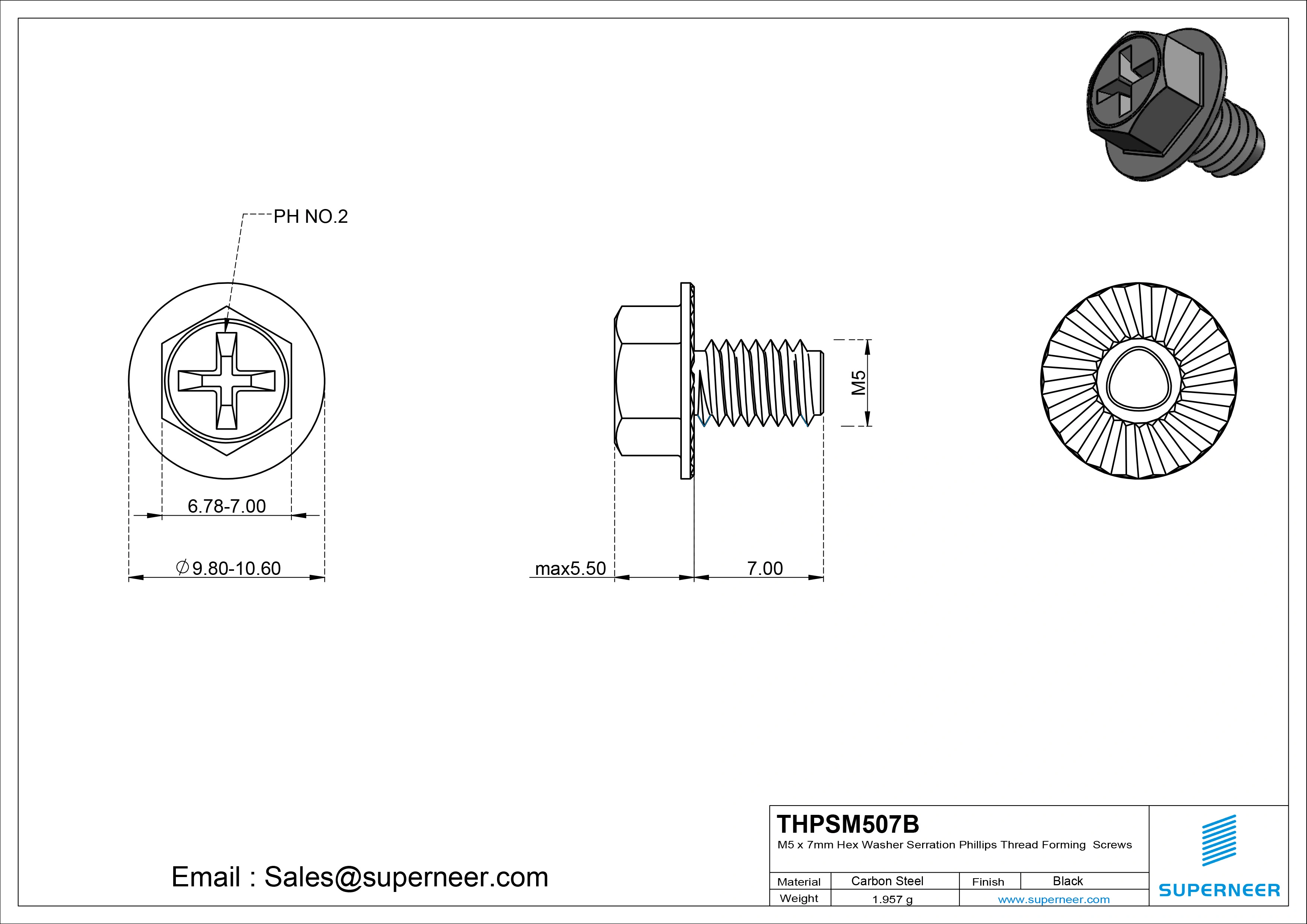 M5 × 7mm Indented Hex Washer Serrattion Phillips Thread Forming Screws for Metal Steel Black