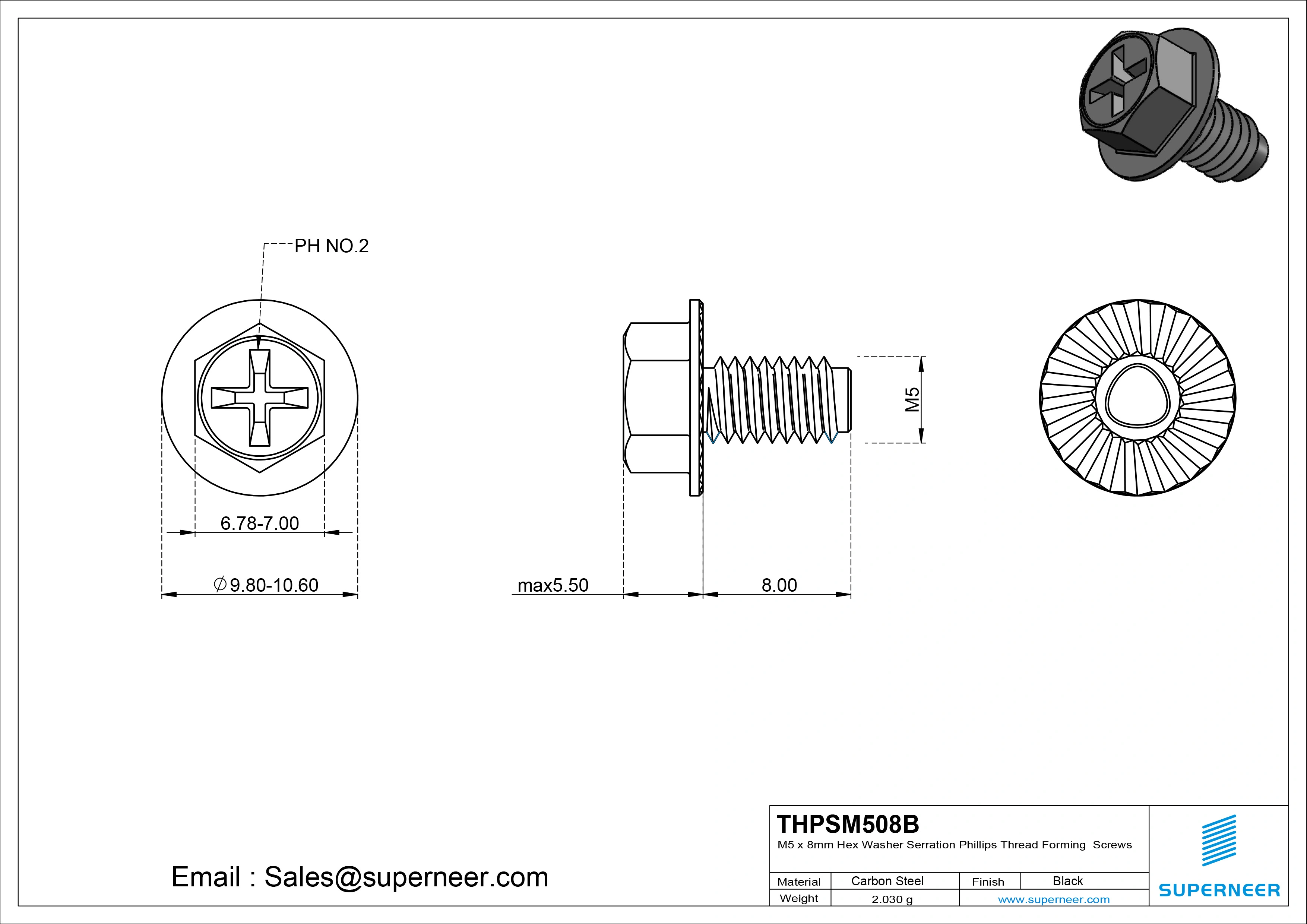 M5 × 8mm Indented Hex Washer Serrattion Phillips Thread Forming Screws for Metal Steel Black