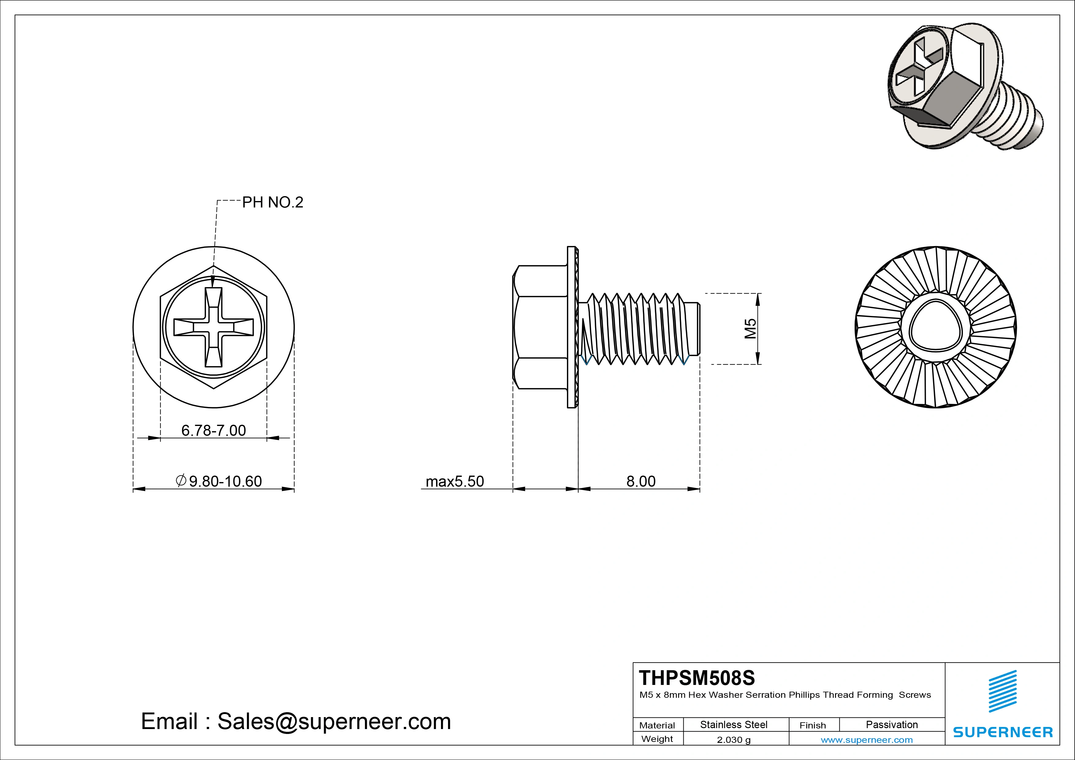 M5 × 8mm Indented Hex Washer Serrattion Phillips Thread Forming Screws for Metal SUS304 Stainless Steel Inox