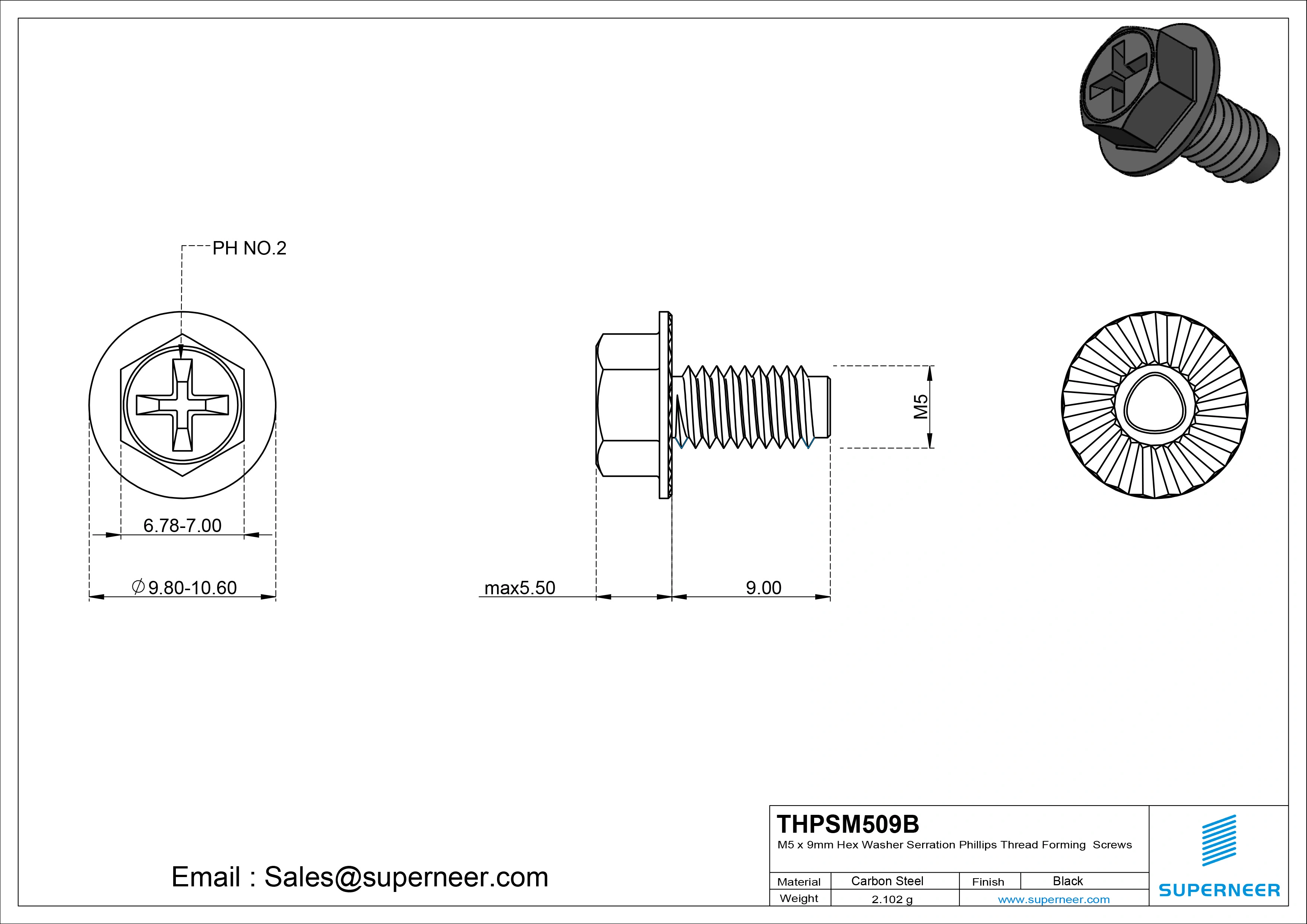 M5 × 9mm Indented Hex Washer Serrattion Phillips Thread Forming Screws for Metal Steel Black