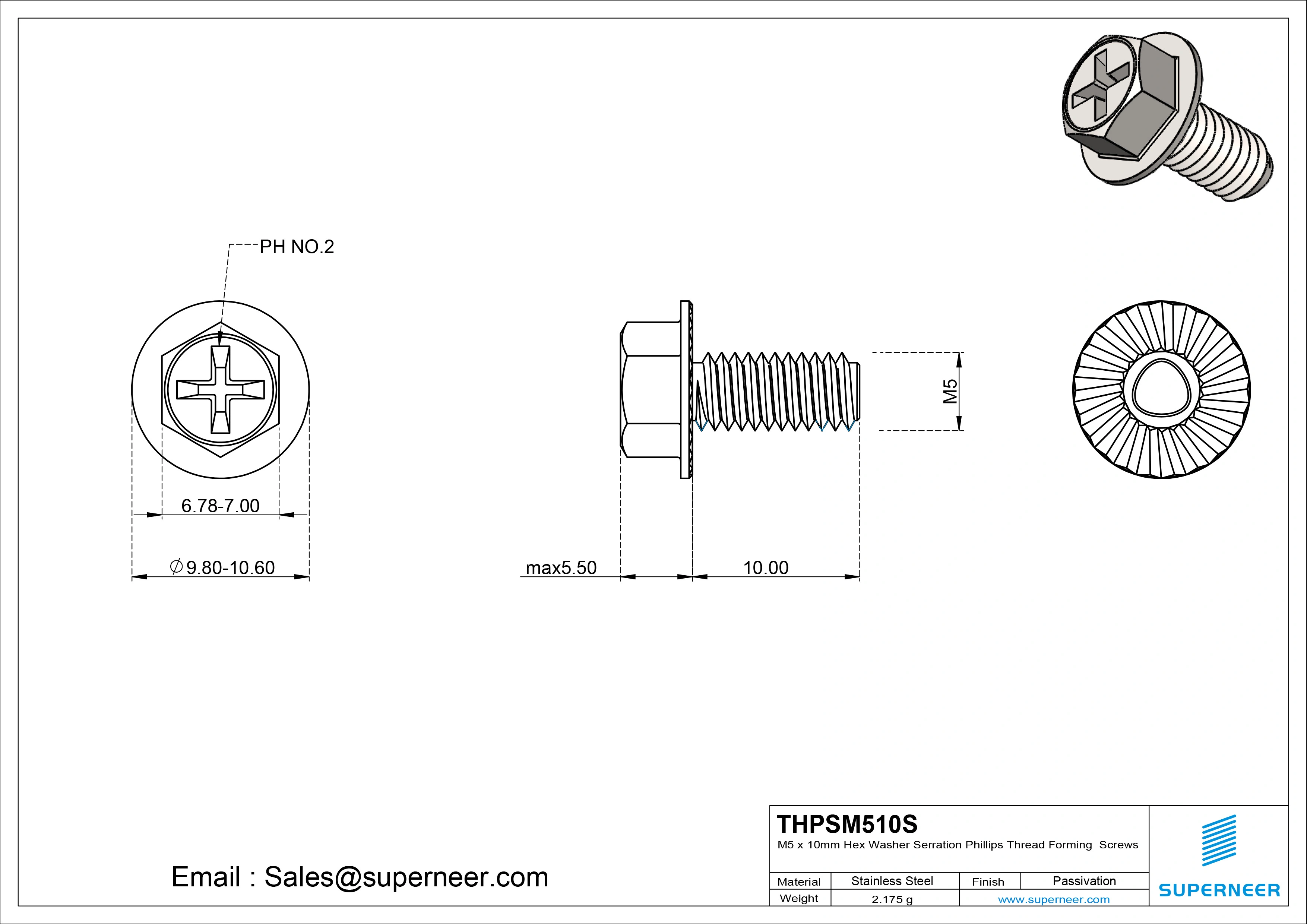 M5 × 10mm Indented Hex Washer Serrattion Phillips Thread Forming Screws for Metal SUS304 Stainless Steel Inox