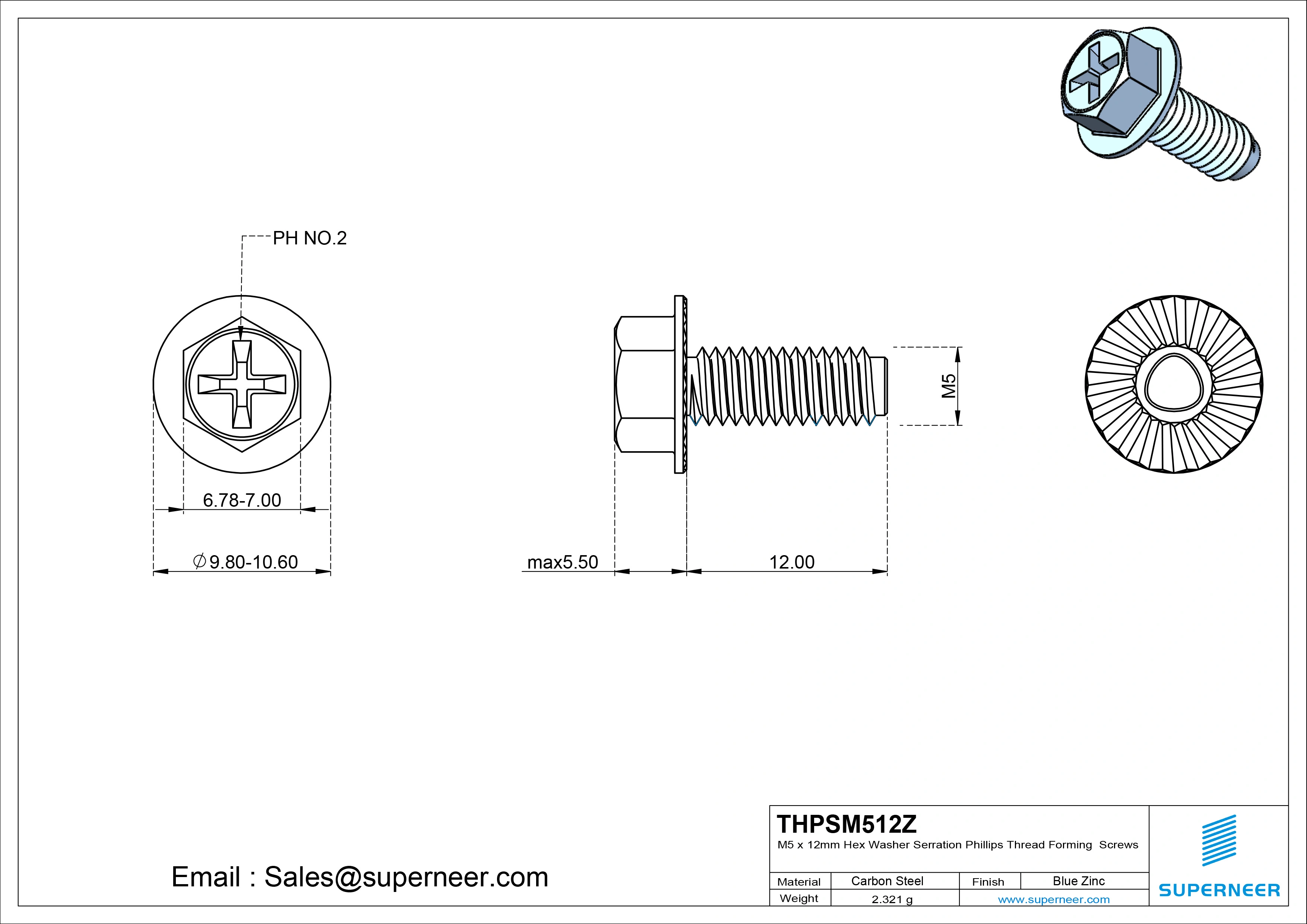 M5 × 12mm Indented Hex Washer Serrattion Phillips Thread Forming Screws for Metal Steel Blue Zinc Plated