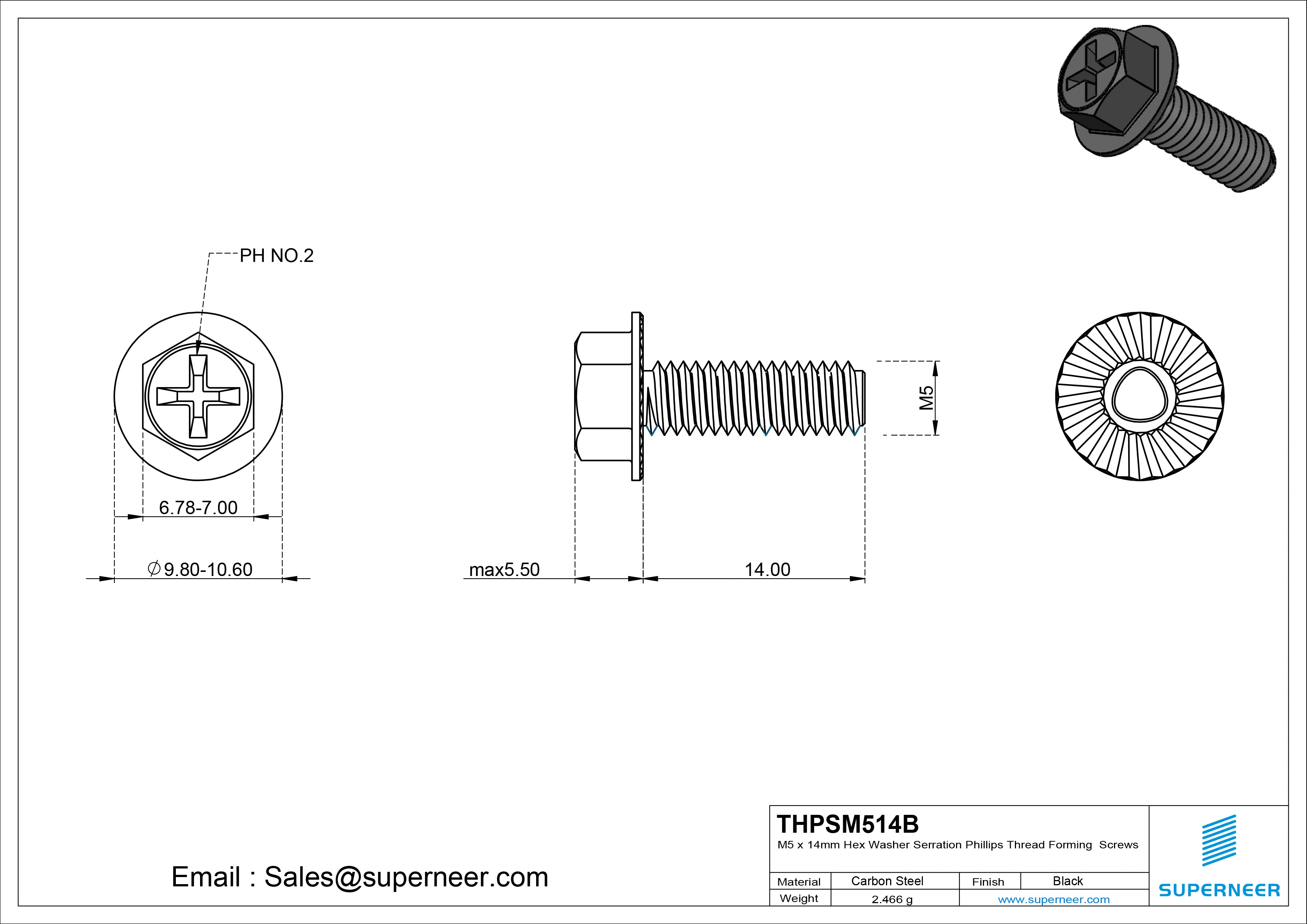 M5 × 14mm Indented Hex Washer Serrattion Phillips Thread Forming Screws for Metal Steel Black