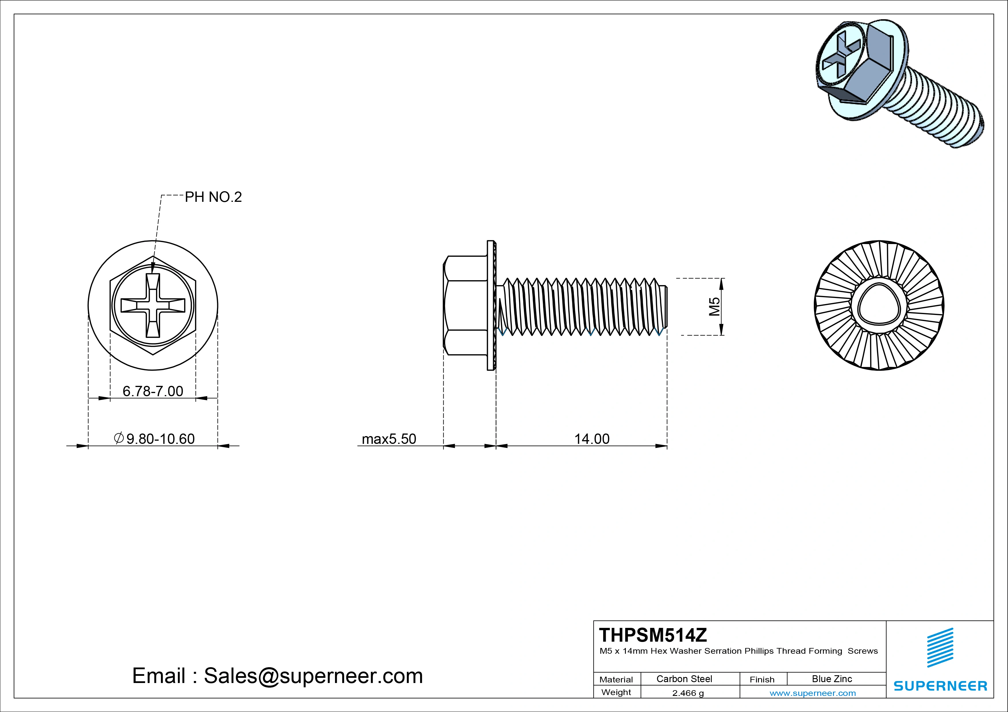 M5 × 14mm Indented Hex Washer Serrattion Phillips Thread Forming Screws for Metal Steel Blue Zinc Plated