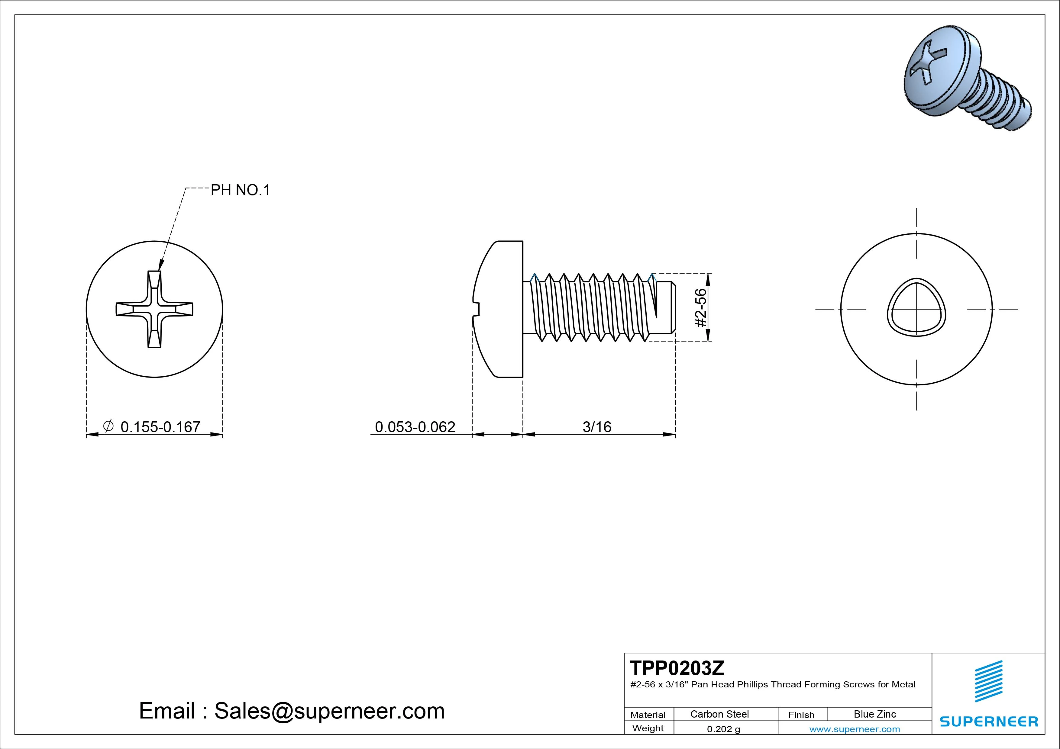 2-56 × 3/16 Pan Head Phillips Thread Forming  Screws for Metal  Steel Blue Zinc Plated