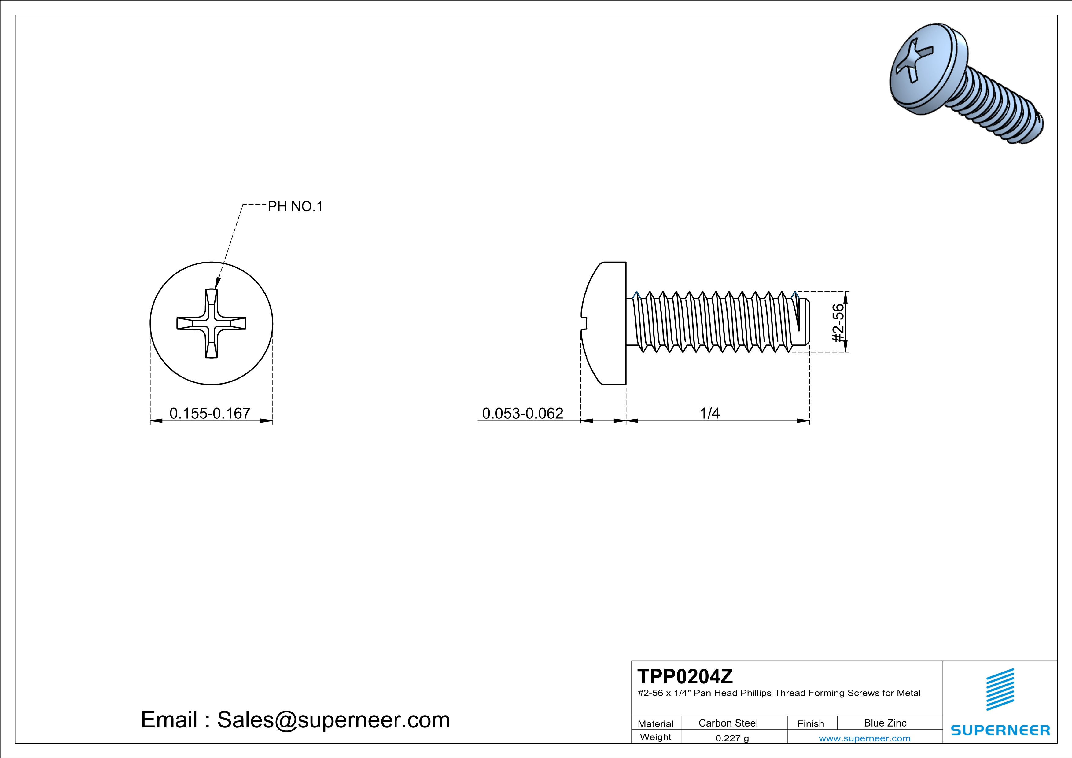 2-56 × 1/4 Pan Head Phillips Thread Forming  Screws for Metal  Steel Blue Zinc Plated