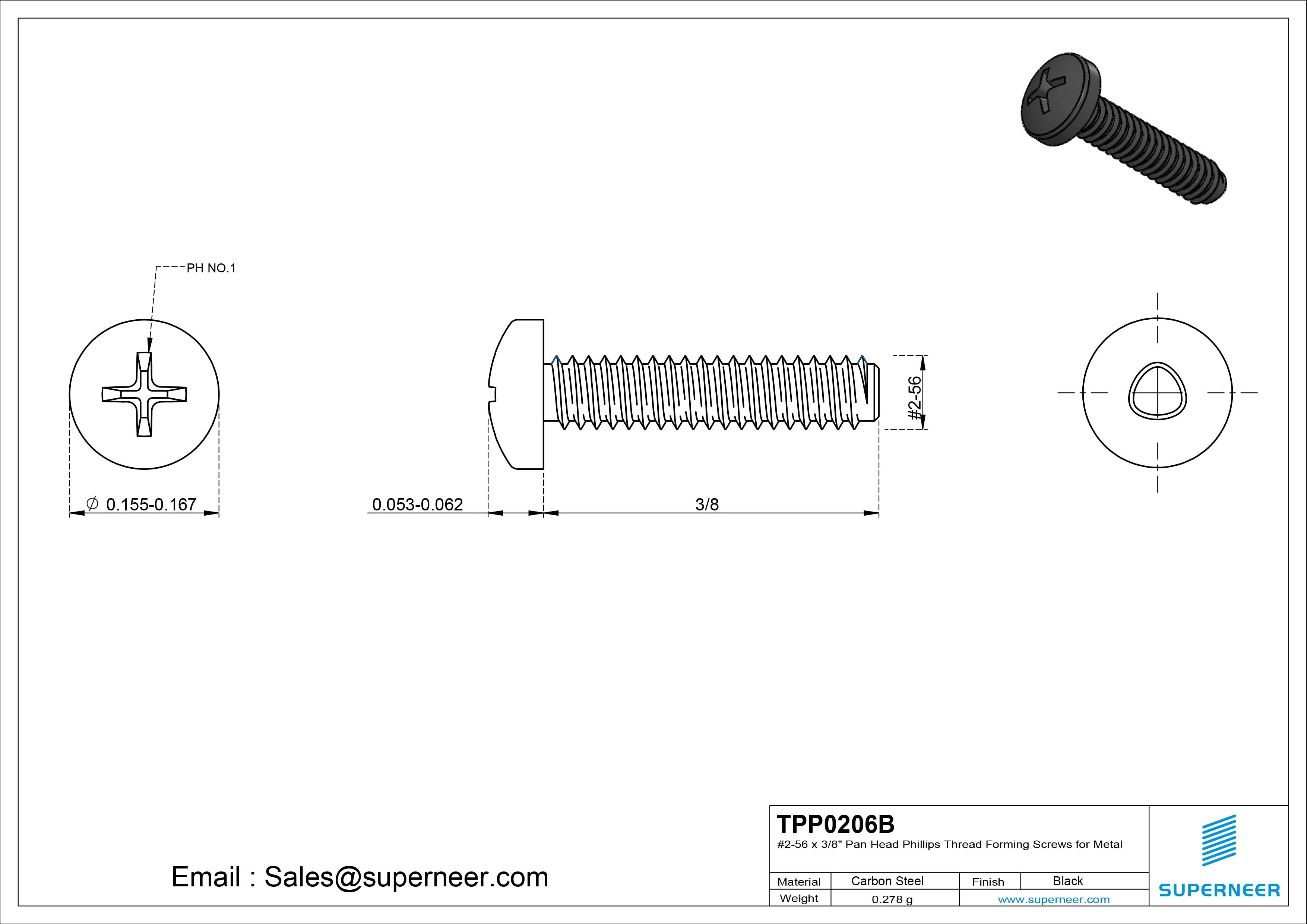 2-56 × 3/8 Pan Head Phillips Thread Forming  Screws for Metal  Steel Black