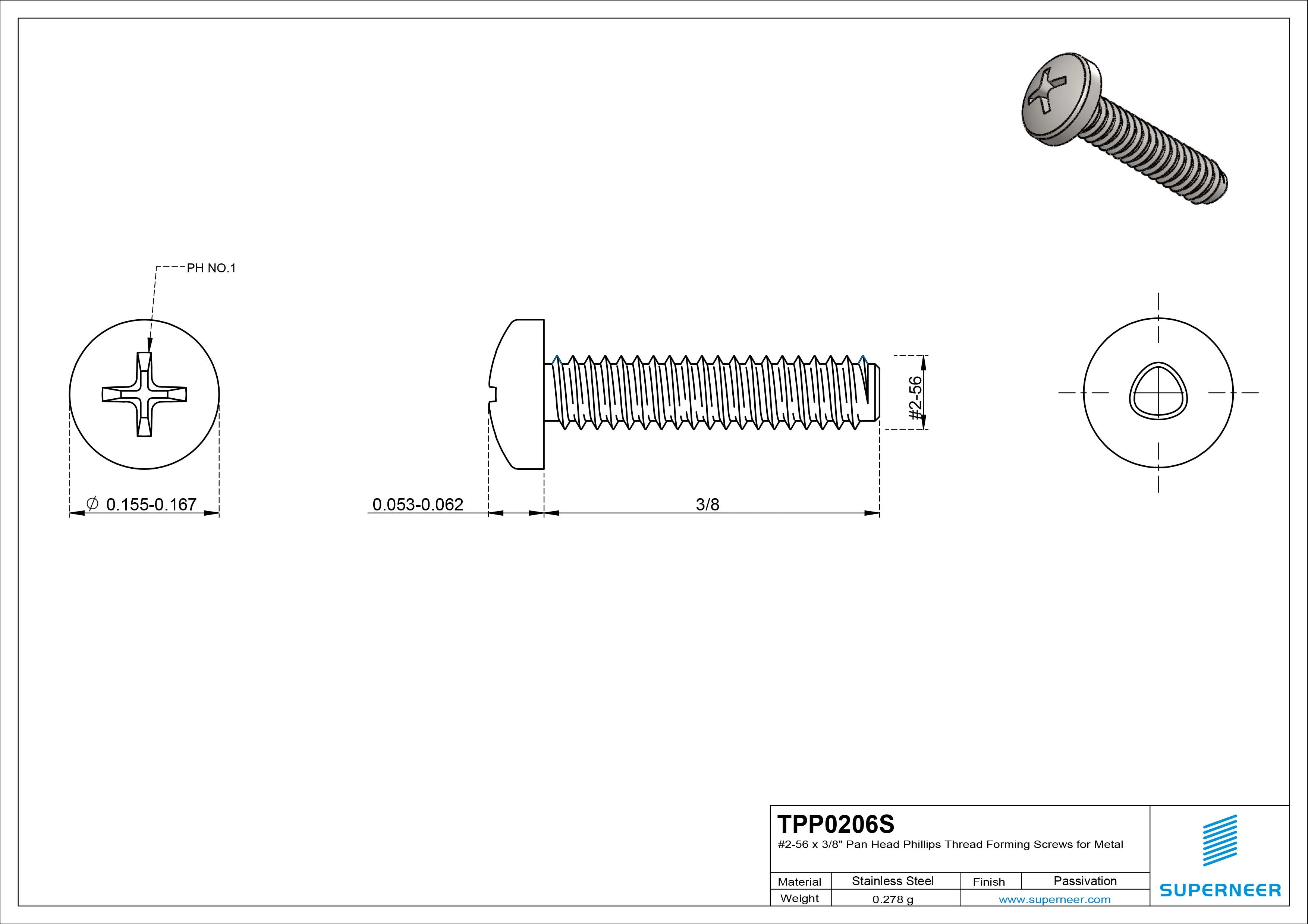 2-56 × 3/8 Pan Head Phillips Thread Forming  Screws for Metal  SUS304 Stainless Steel Inox