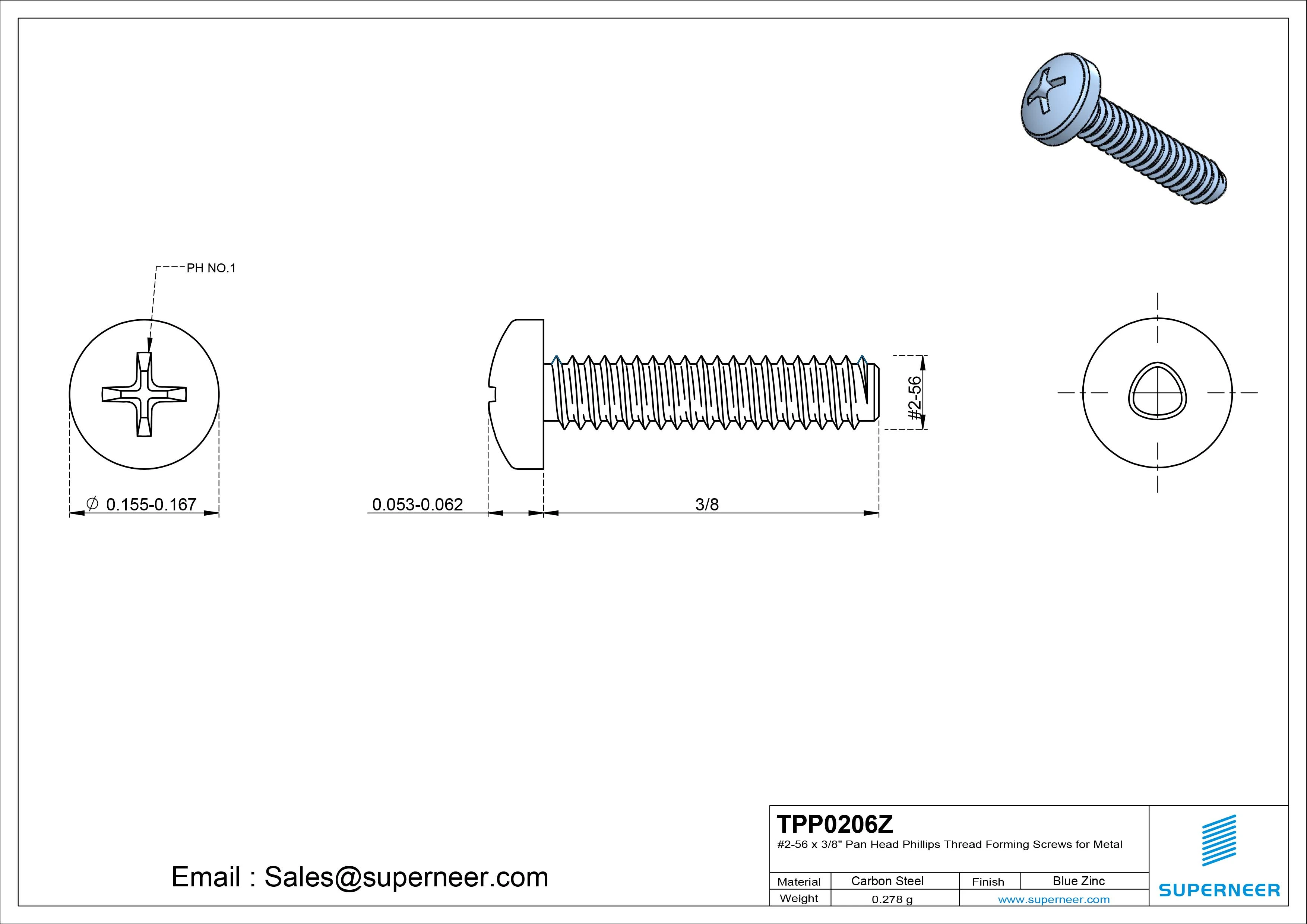 2-56 × 3/8 Pan Head Phillips Thread Forming  Screws for Metal  Steel Blue Zinc Plated