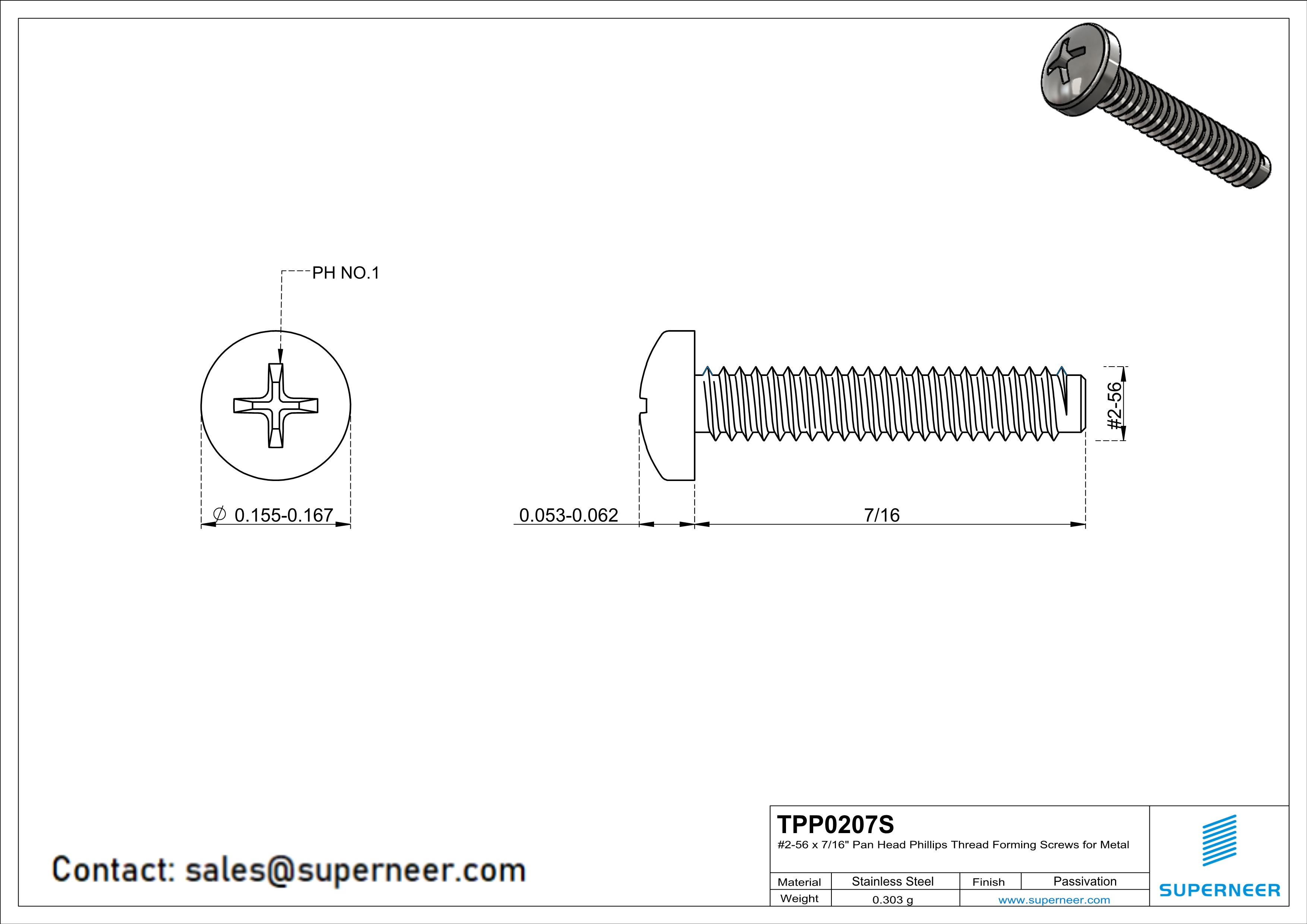 2-56 × 7/16 Pan Head Phillips Thread Forming  Screws for Metal  SUS304 Stainless Steel Inox