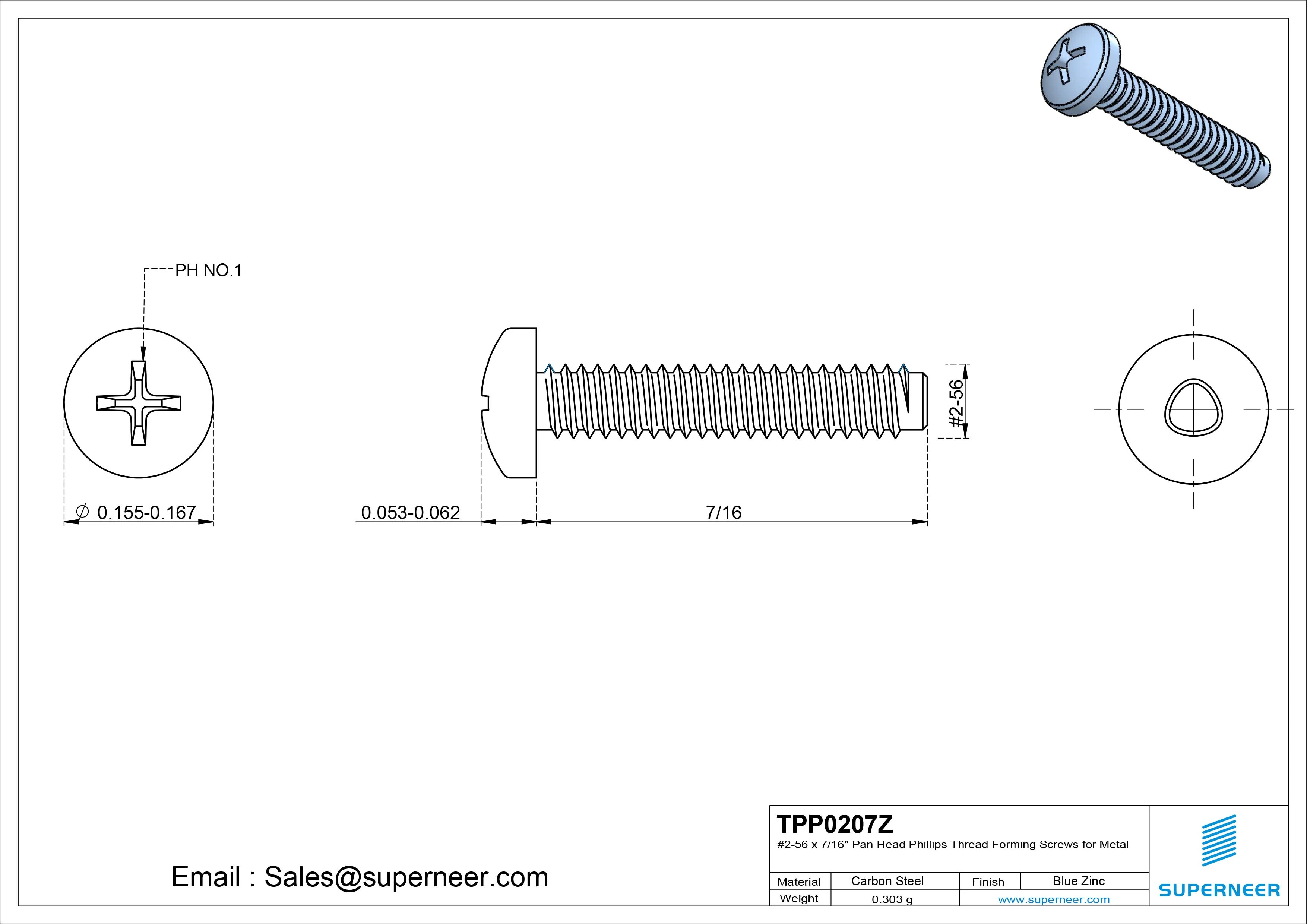 2-56 × 7/16 Pan Head Phillips Thread Forming  Screws for Metal  Steel Blue Zinc Plated