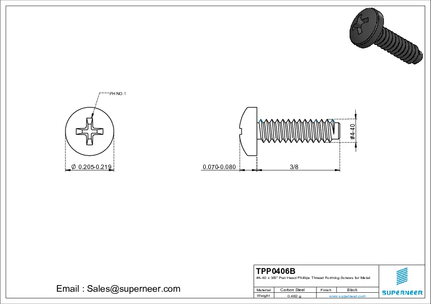 4-40 × 3/8 Pan Head Phillips Thread Forming  Screws for Metal  Steel Black
