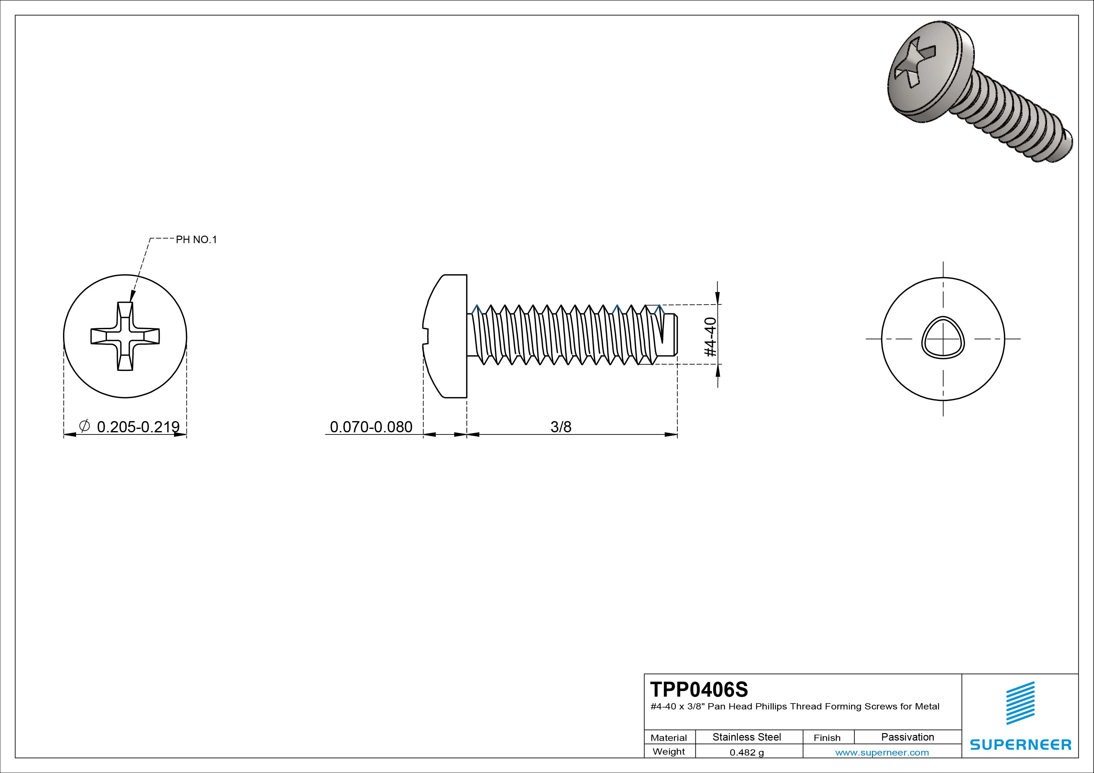 4-40 × 3/8 Pan Head Phillips Thread Forming  Screws for Metal  SUS304 Stainless Steel Inox