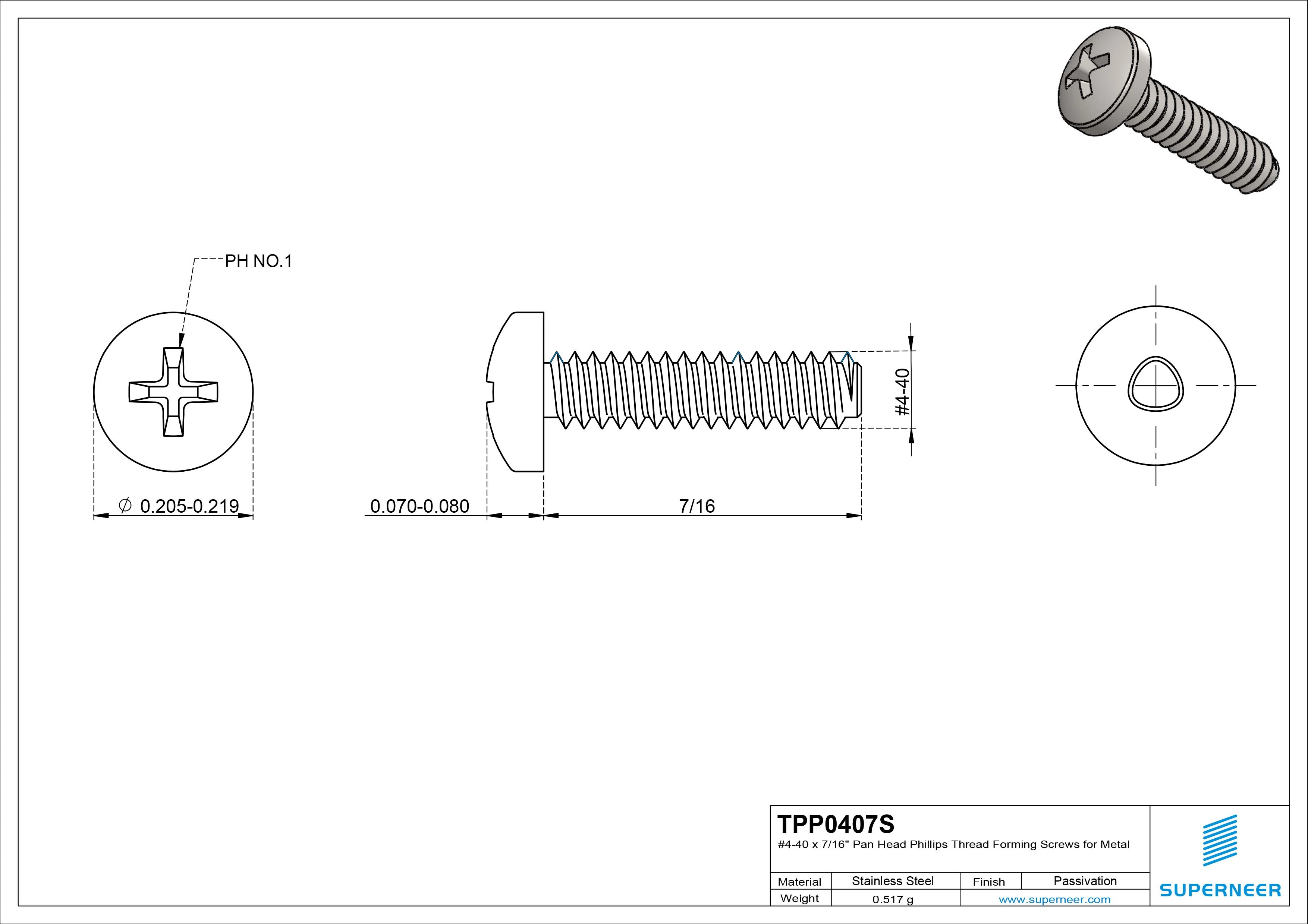 4-40 × 7/16 Pan Head Phillips Thread Forming  Screws for Metal  SUS304 Stainless Steel Inox