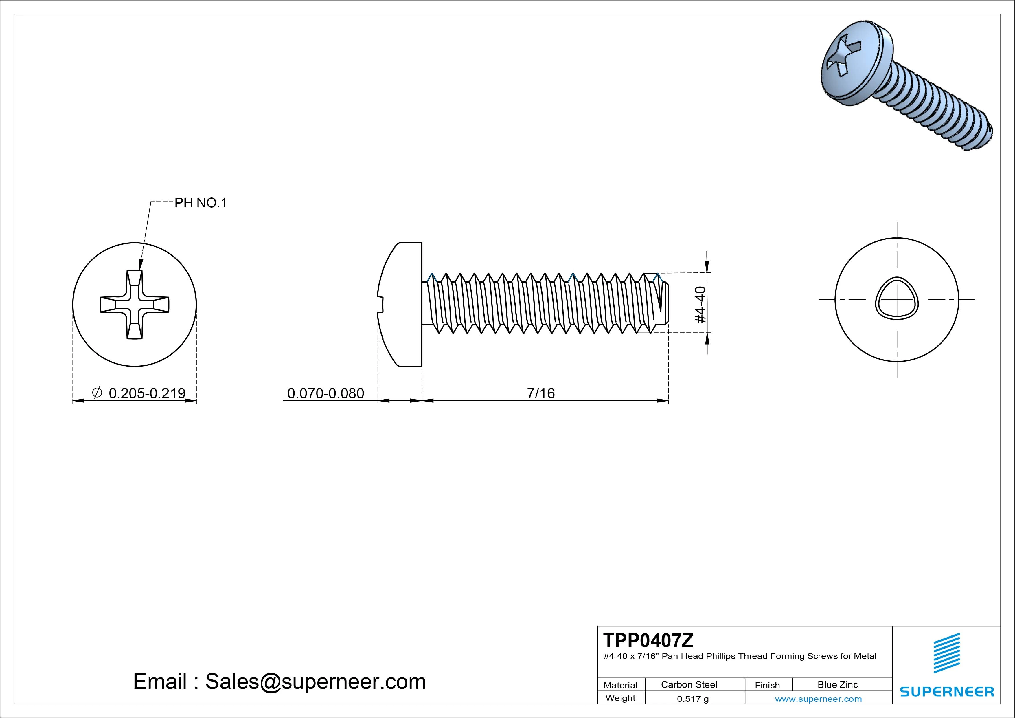 4-40 × 7/16 Pan Head Phillips Thread Forming  Screws for Metal  Steel Blue Zinc Plated