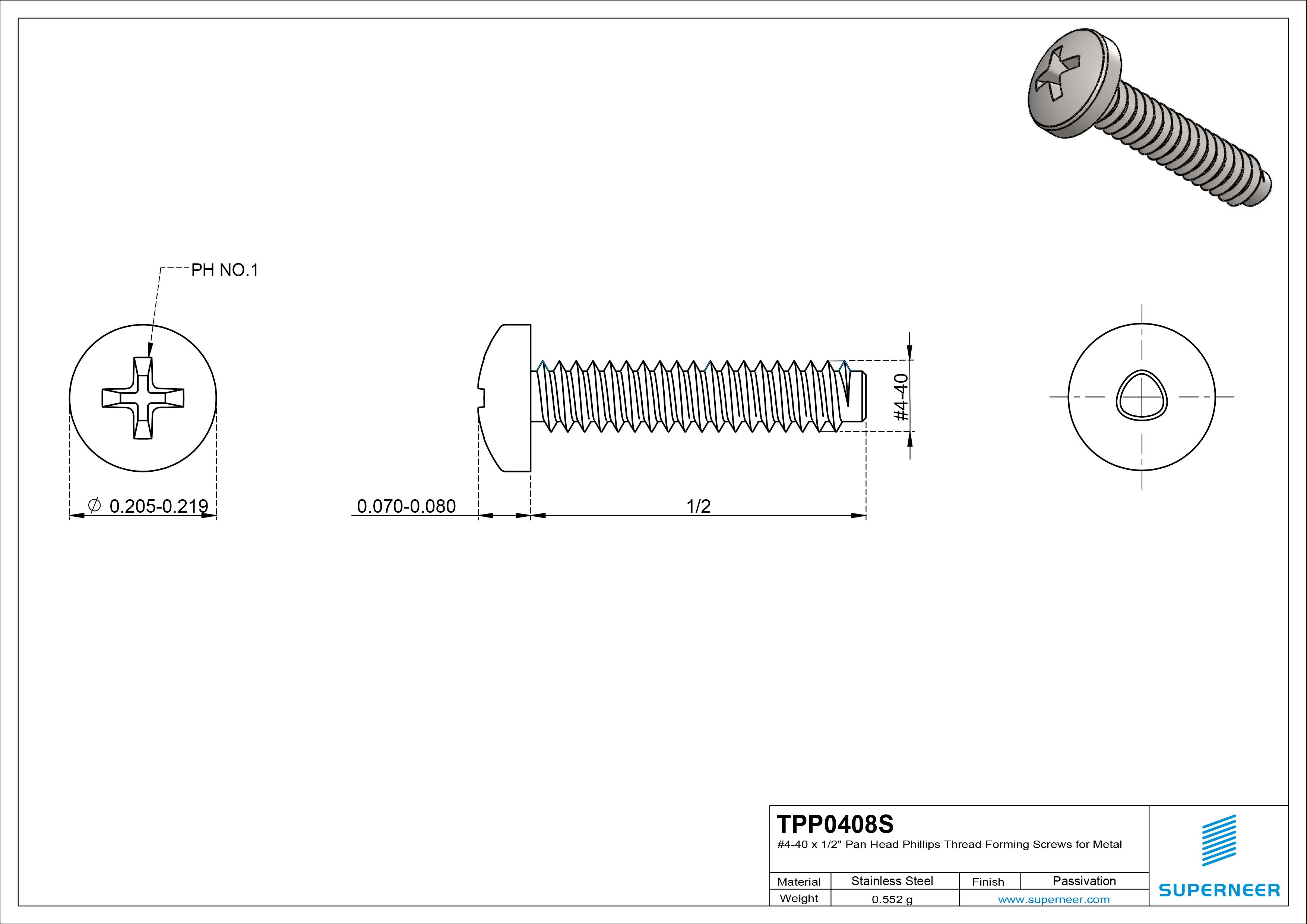 4-40 × 1/2 Pan Head Phillips Thread Forming  Screws for Metal  SUS304 Stainless Steel Inox