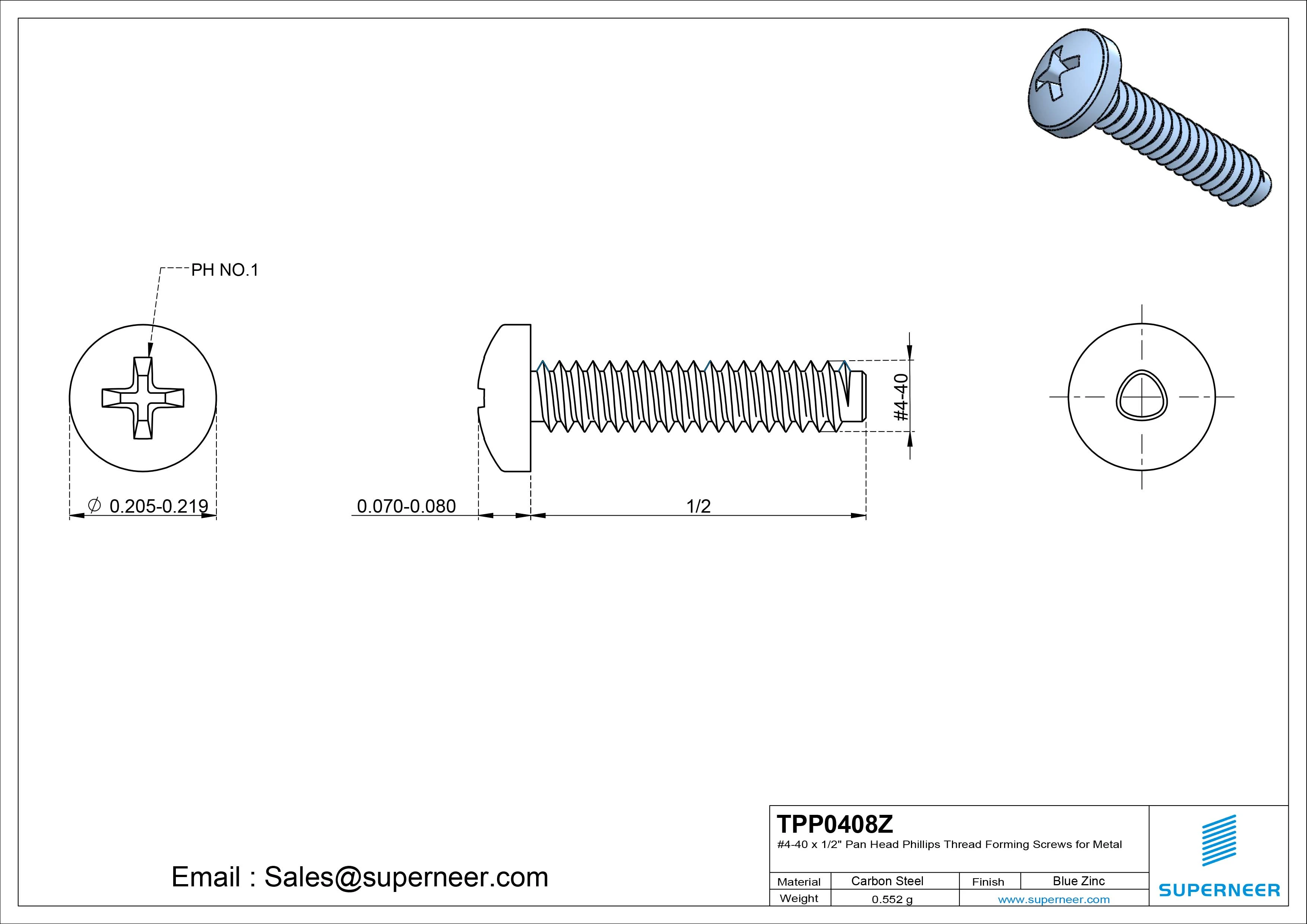 4-40 × 1/2 Pan Head Phillips Thread Forming  Screws for Metal  Steel Blue Zinc Plated