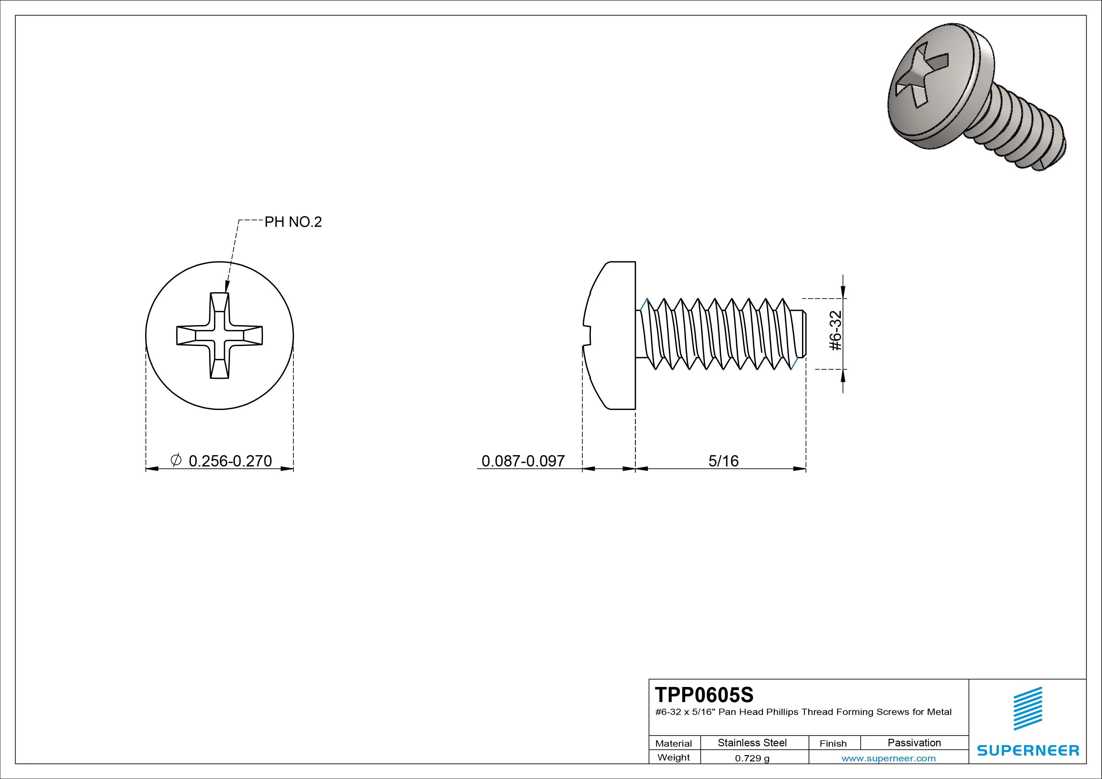 6-32 × 5/16 Pan Head Phillips Thread Forming  Screws for Metal  SUS304 Stainless Steel Inox