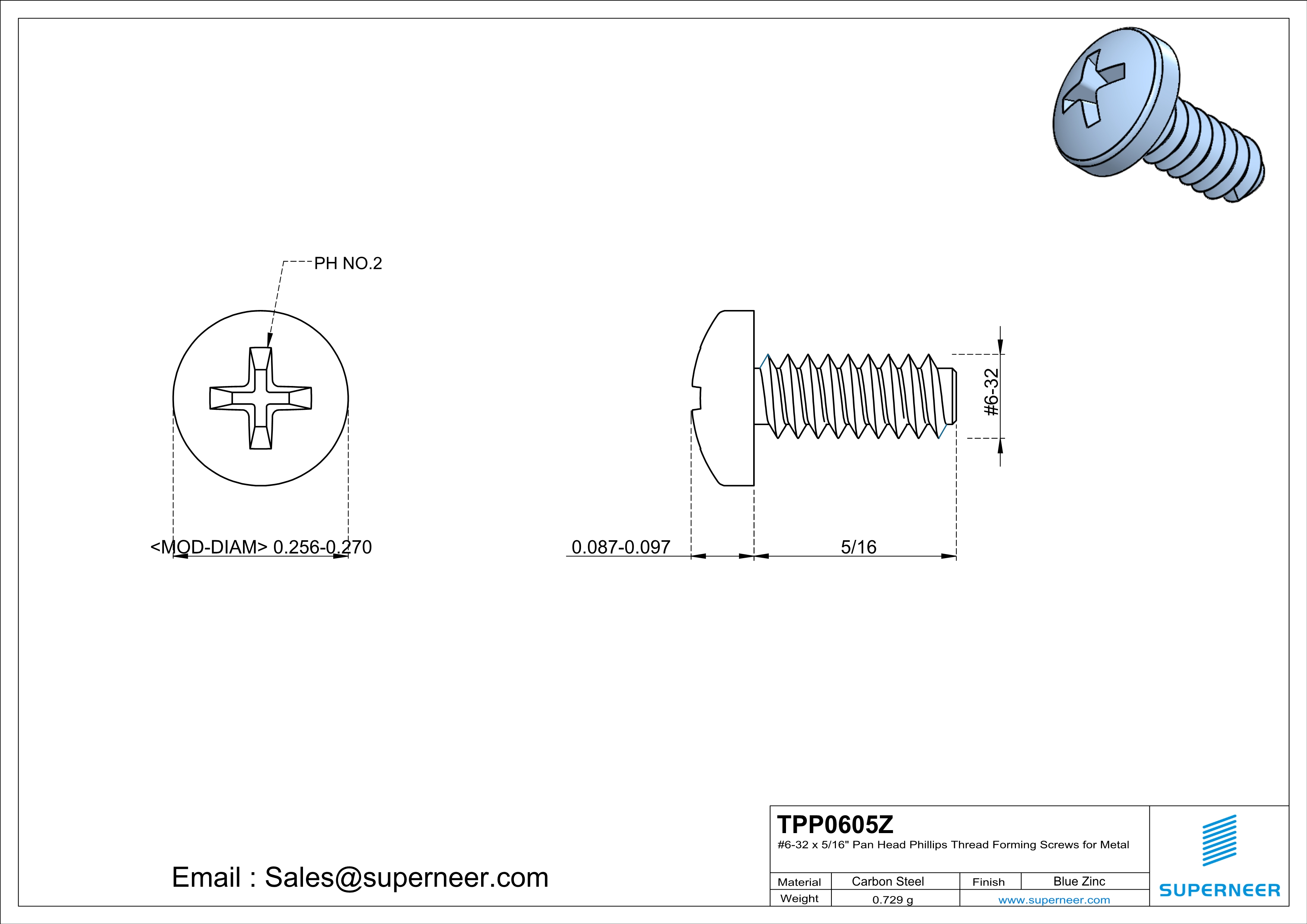 6-32 × 5/16 Pan Head Phillips Thread Forming  Screws for Metal  Steel Blue Zinc Plated