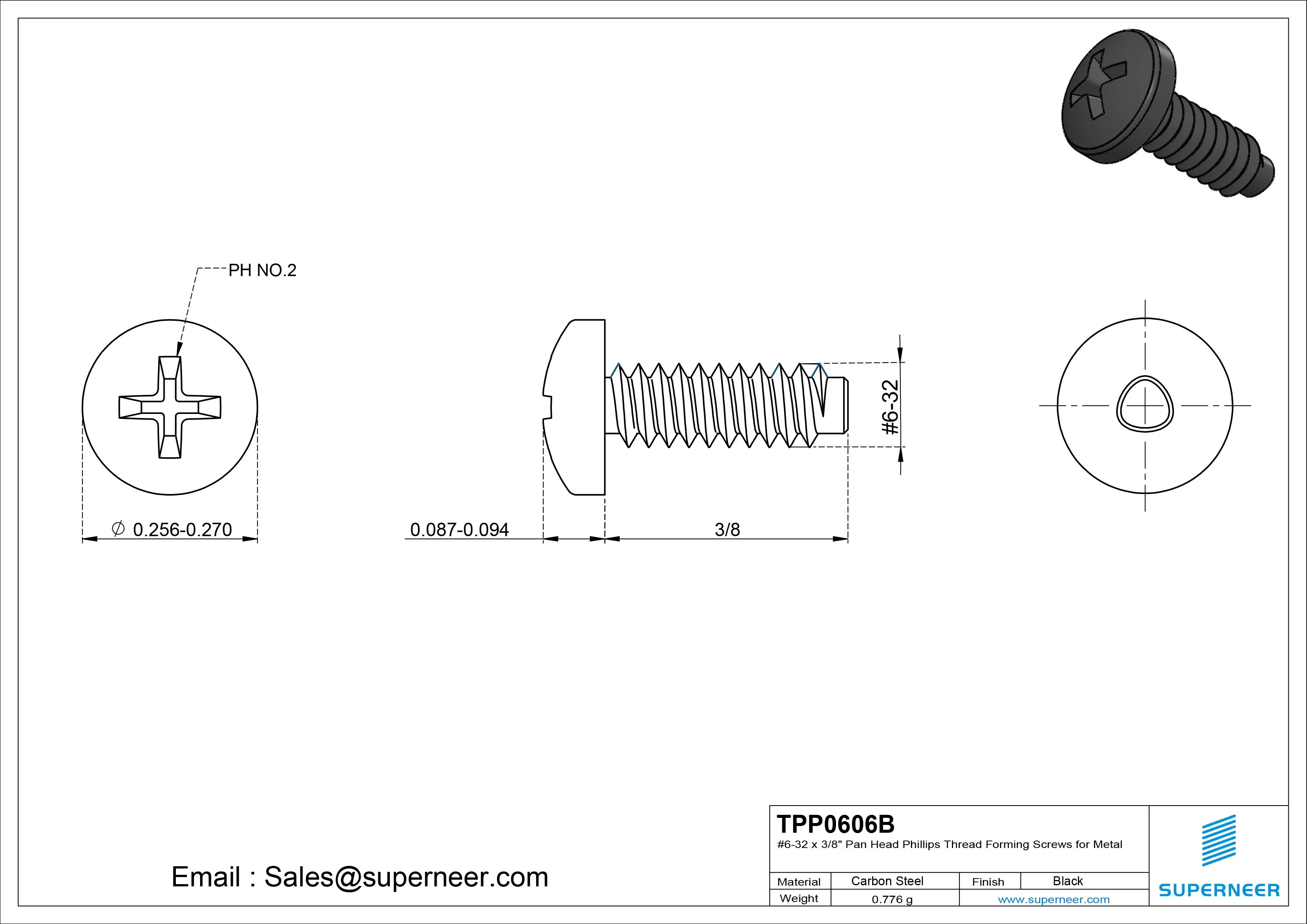 6-32 × 3/8 Pan Head Phillips Thread Forming  Screws for Metal  Steel Black