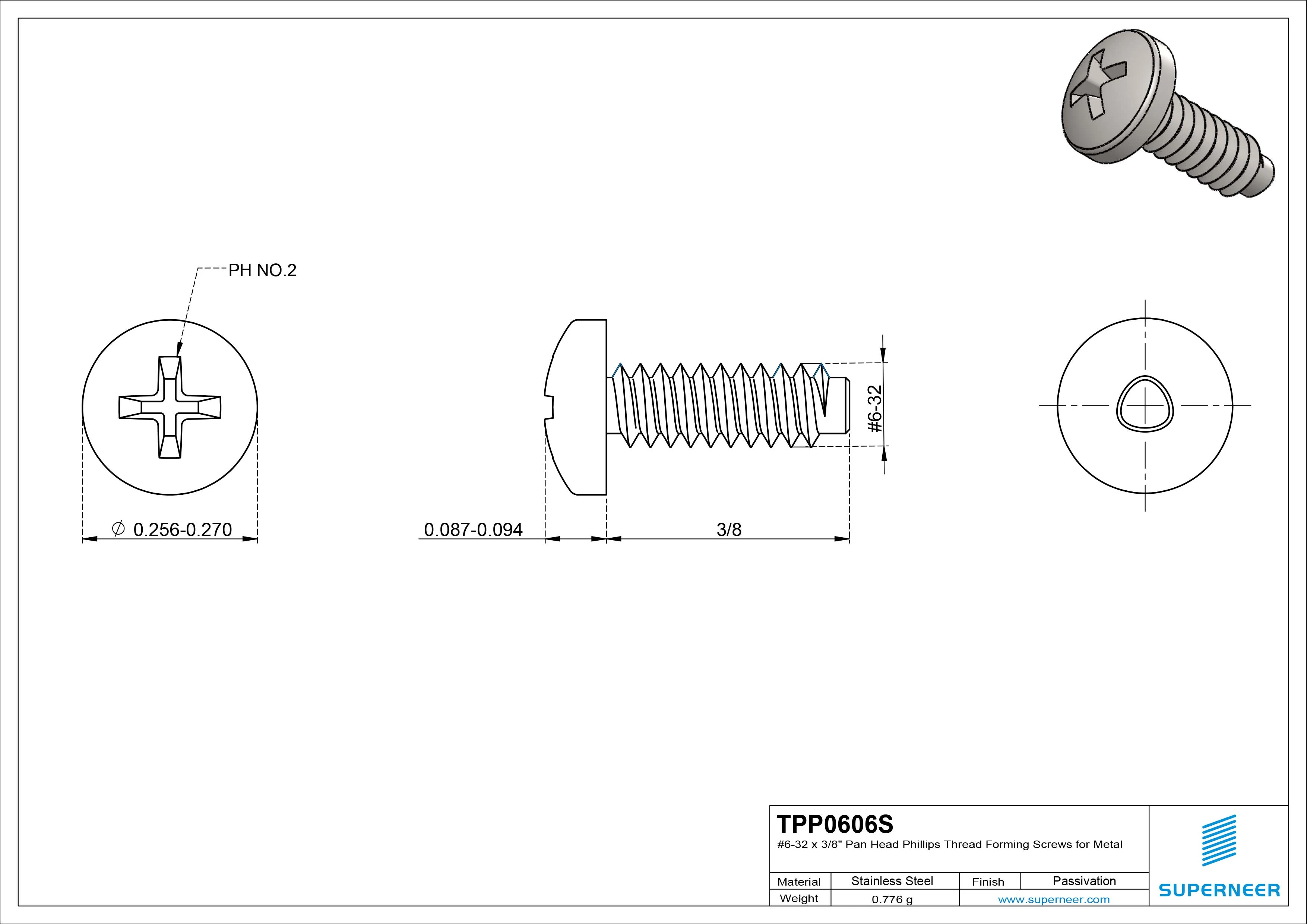 6-32 × 3/8 Pan Head Phillips Thread Forming  Screws for Metal  SUS304 Stainless Steel Inox