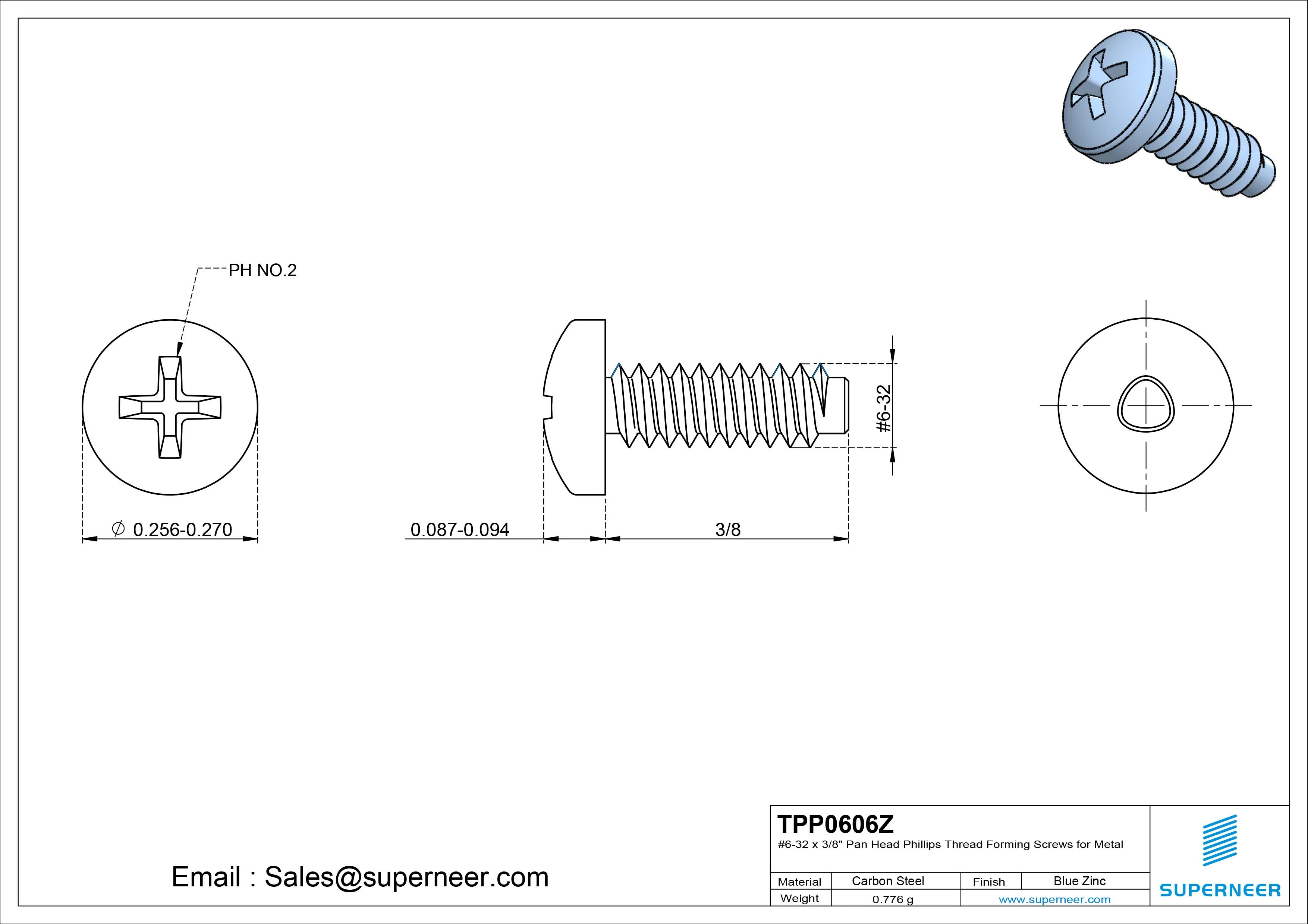 6-32 × 3/8 Pan Head Phillips Thread Forming  Screws for Metal  Steel Blue Zinc Plated