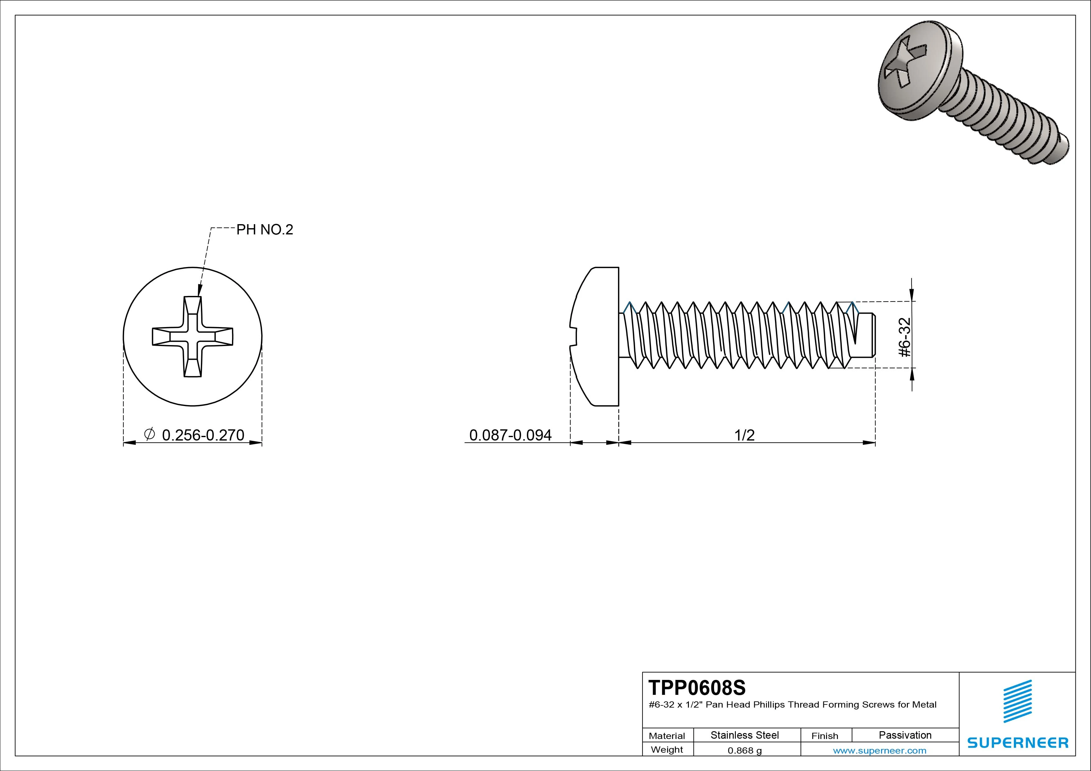 6-32 × 1/2 Pan Head Phillips Thread Forming  Screws for Metal  SUS304 Stainless Steel Inox