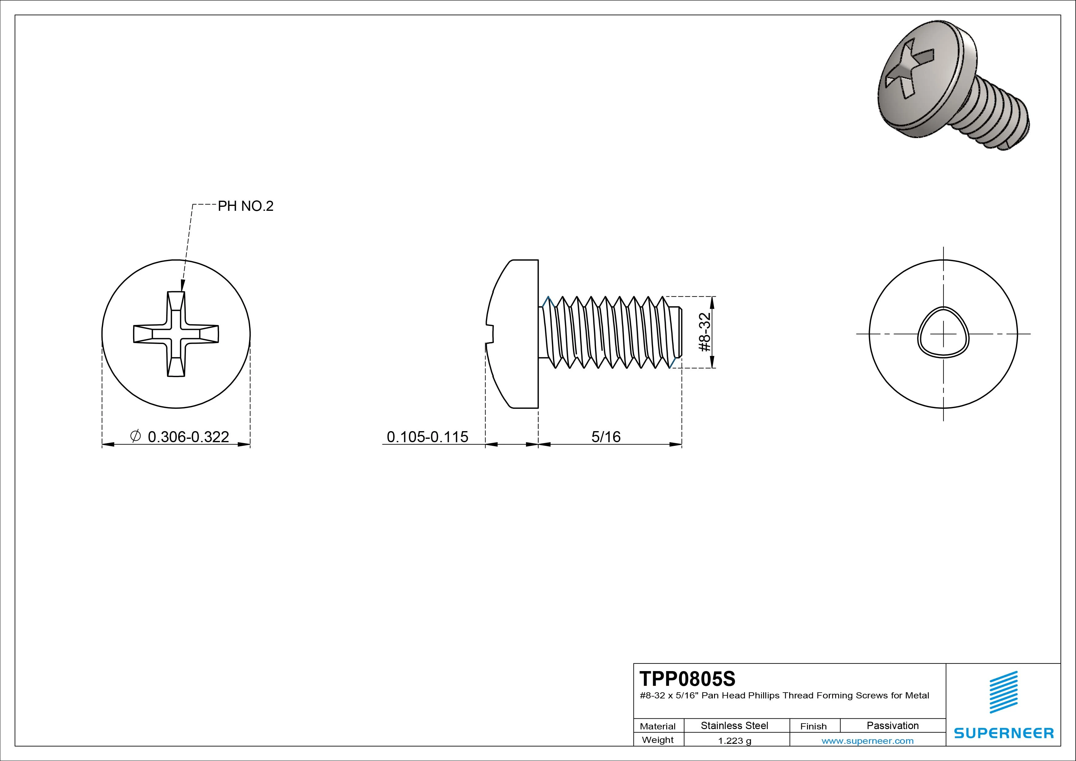 8-32 × 5/16 Pan Head Phillips Thread Forming  Screws for Metal  SUS304 Stainless Steel Inox