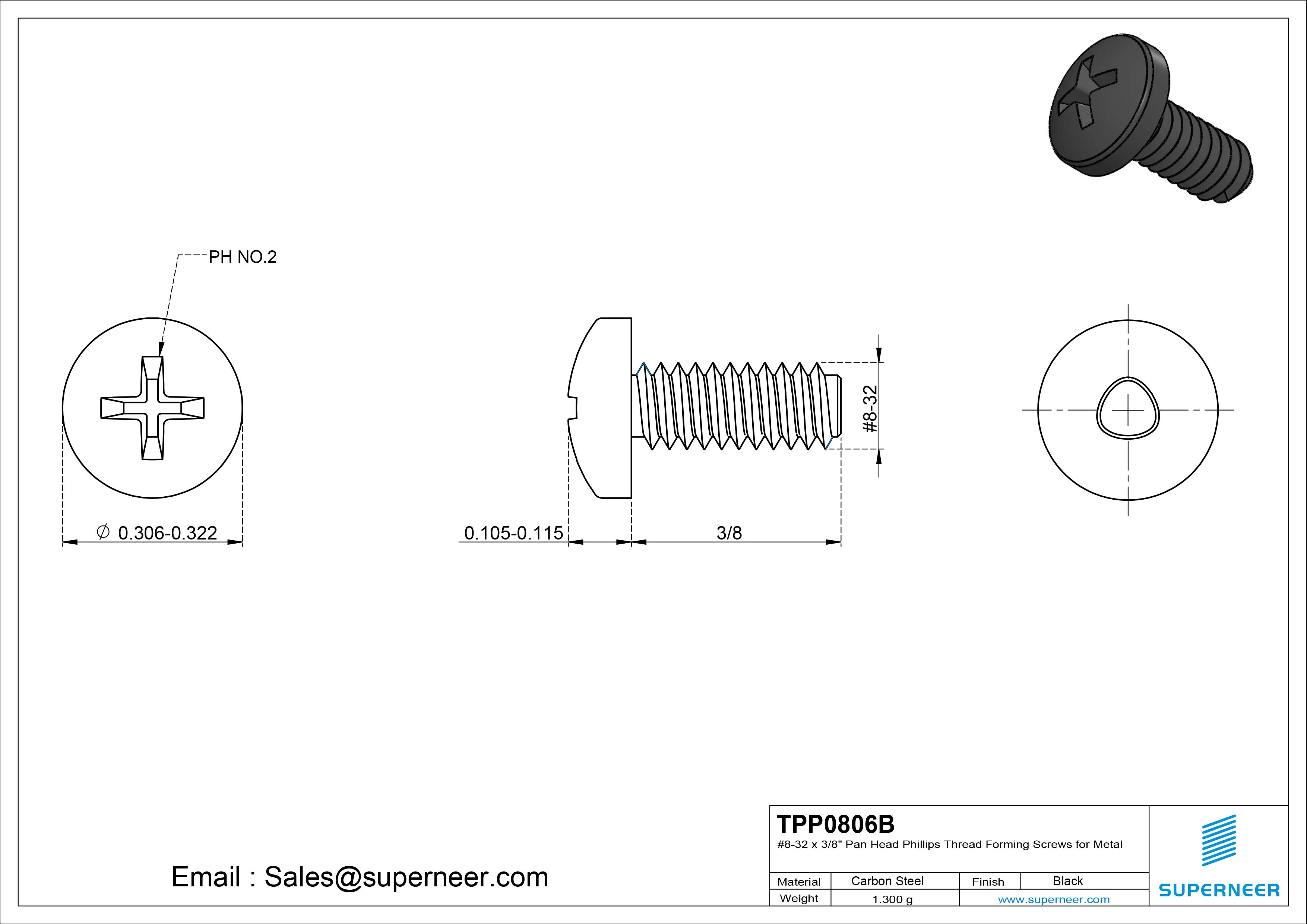 8-32 × 3/8 Pan Head Phillips Thread Forming  Screws for Metal  Steel Black