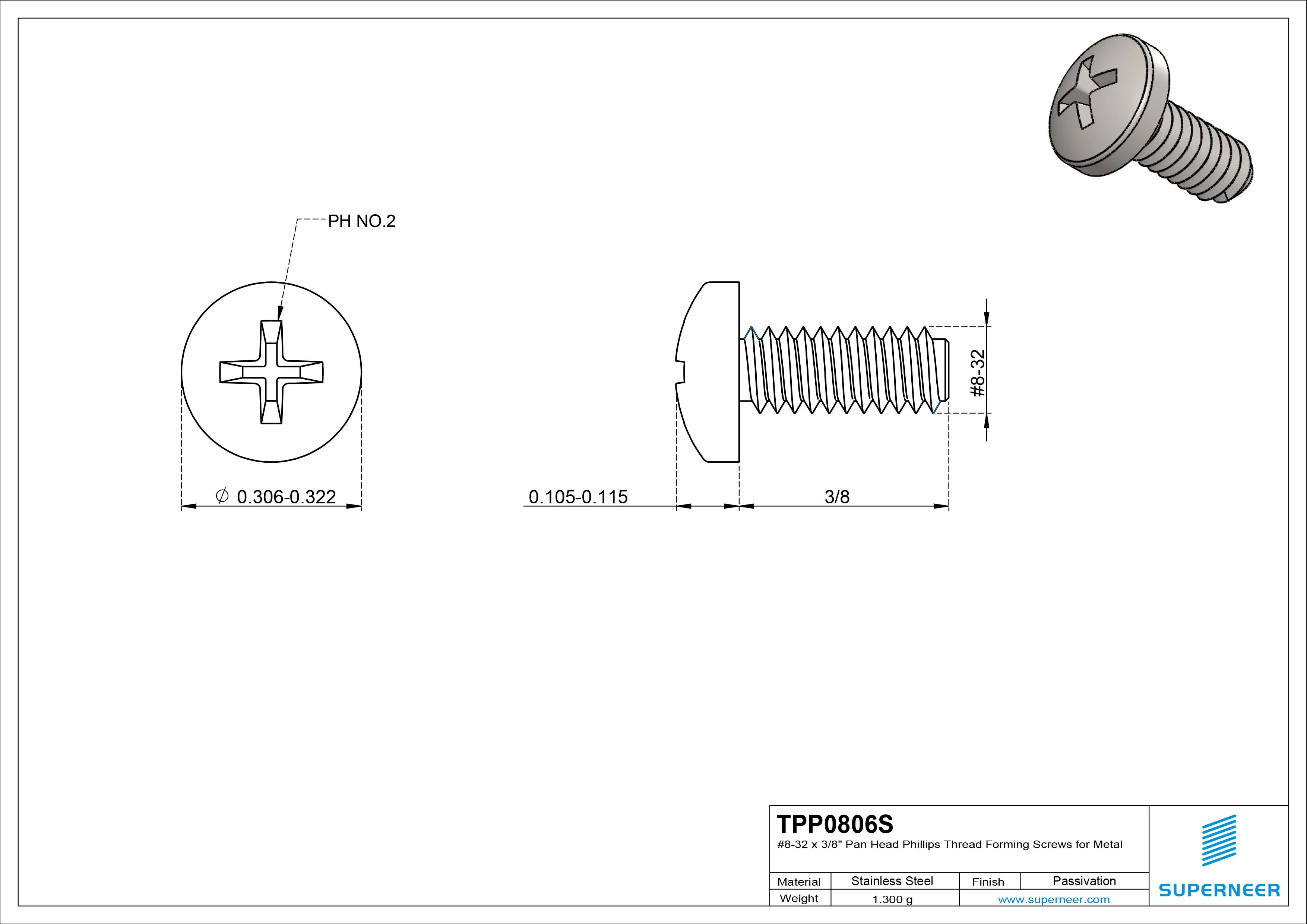 8-32 × 3/8 Pan Head Phillips Thread Forming  Screws for Metal  SUS304 Stainless Steel Inox