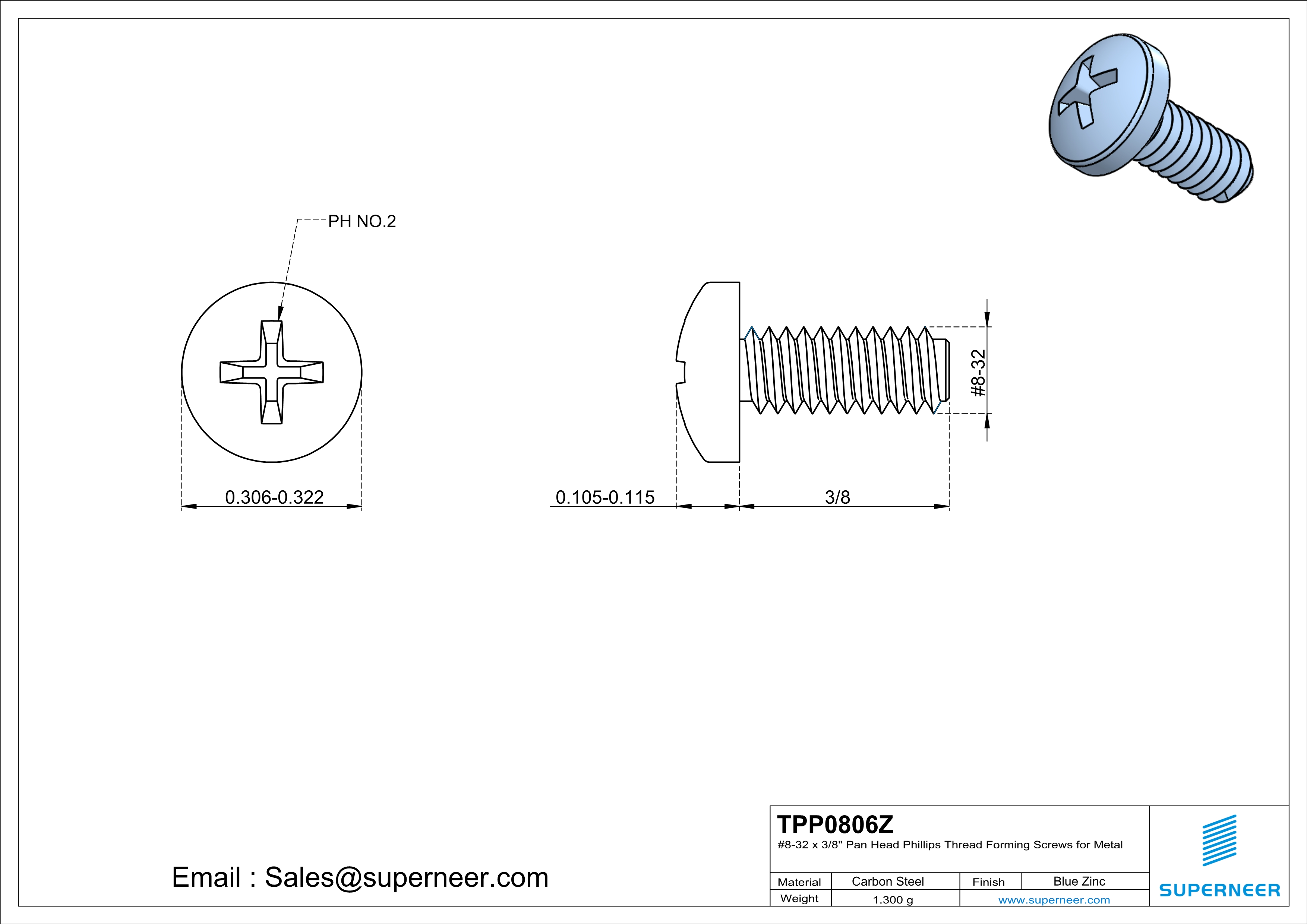 8-32 × 3/8 Pan Head Phillips Thread Forming  Screws for Metal  Steel Blue Zinc Plated