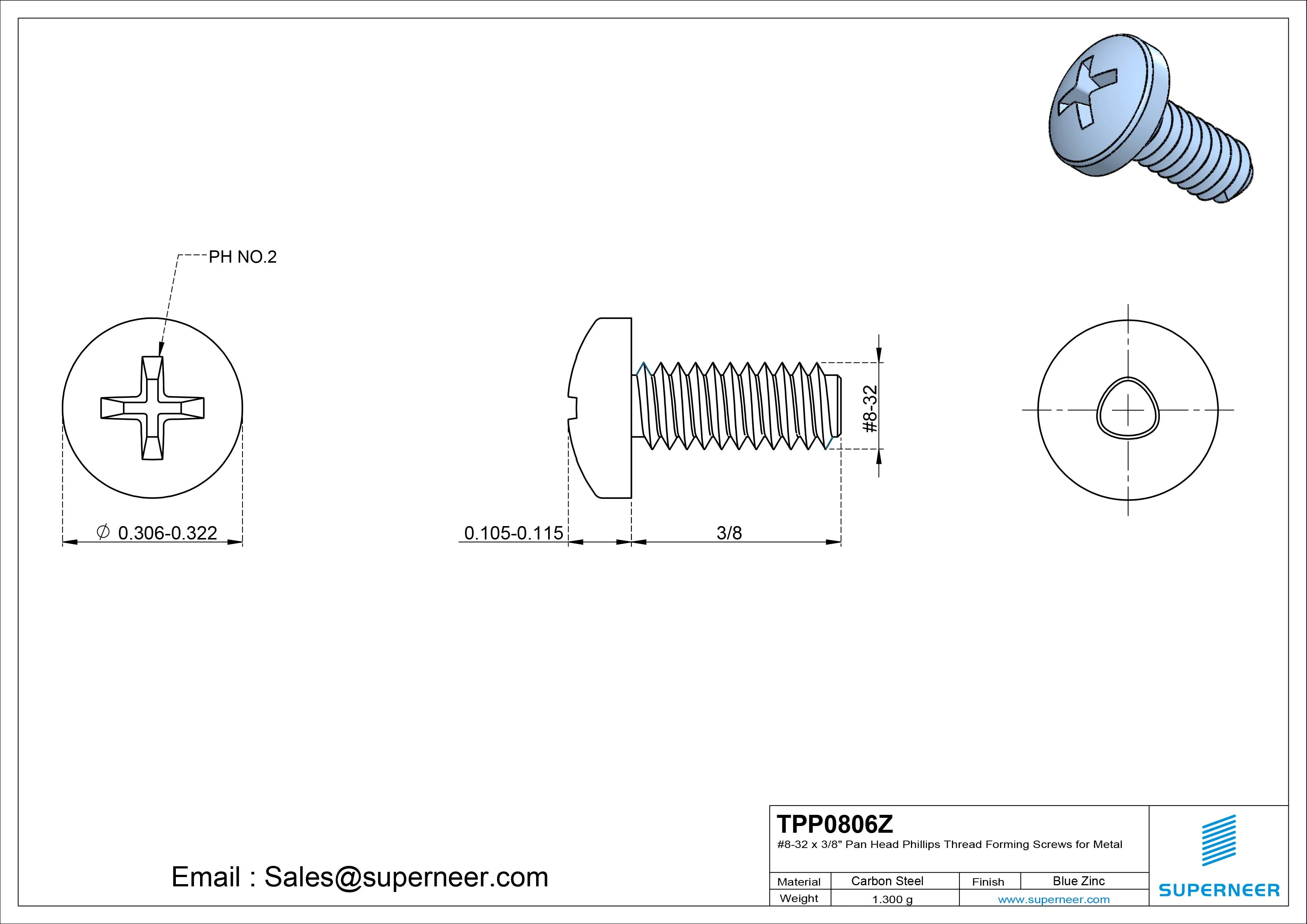 8-32 × 3/8 Pan Head Phillips Thread Forming  Screws for Metal  Steel Blue Zinc Plated