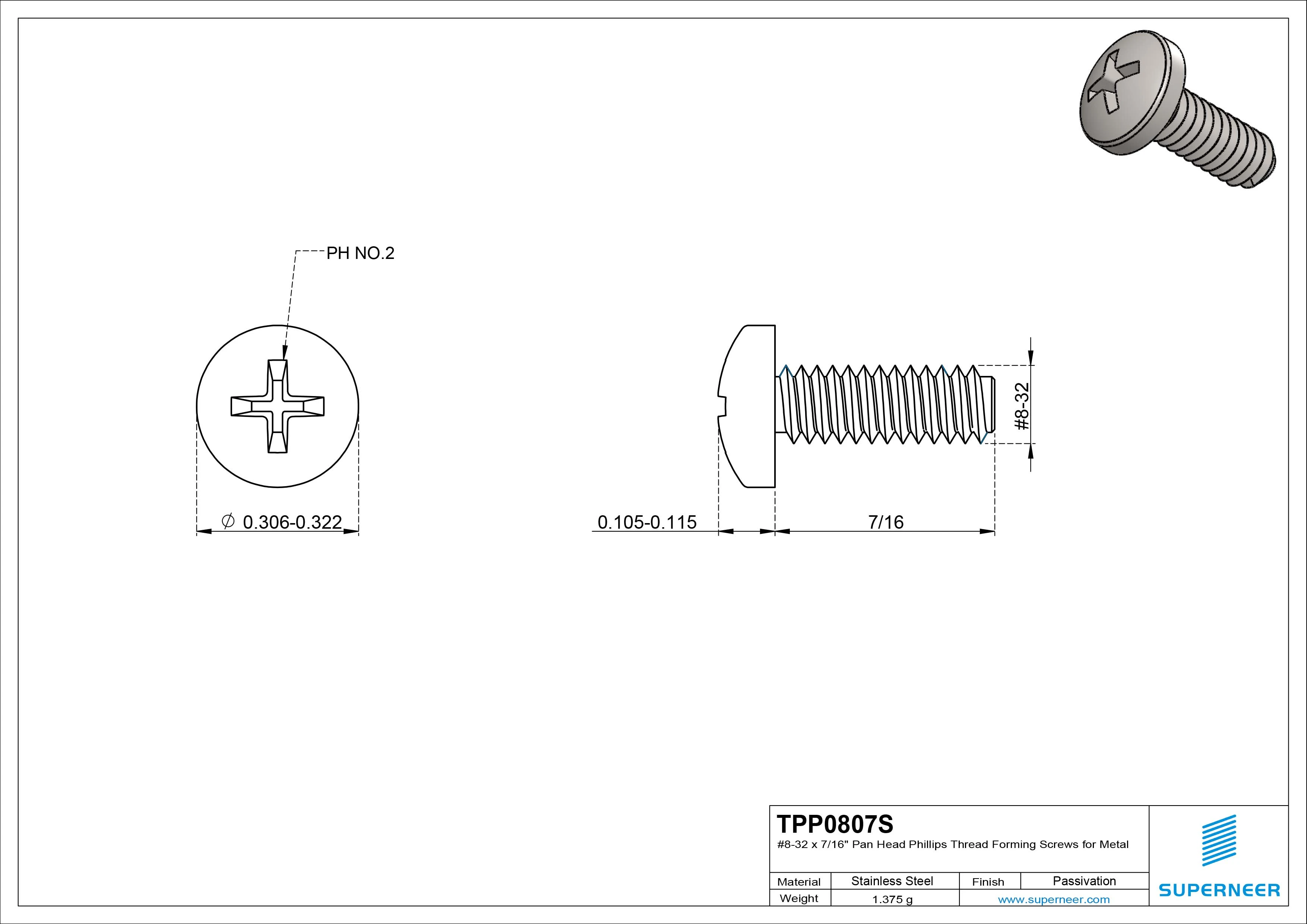 8-32 × 7/16 Pan Head Phillips Thread Forming  Screws for Metal  SUS304 Stainless Steel Inox