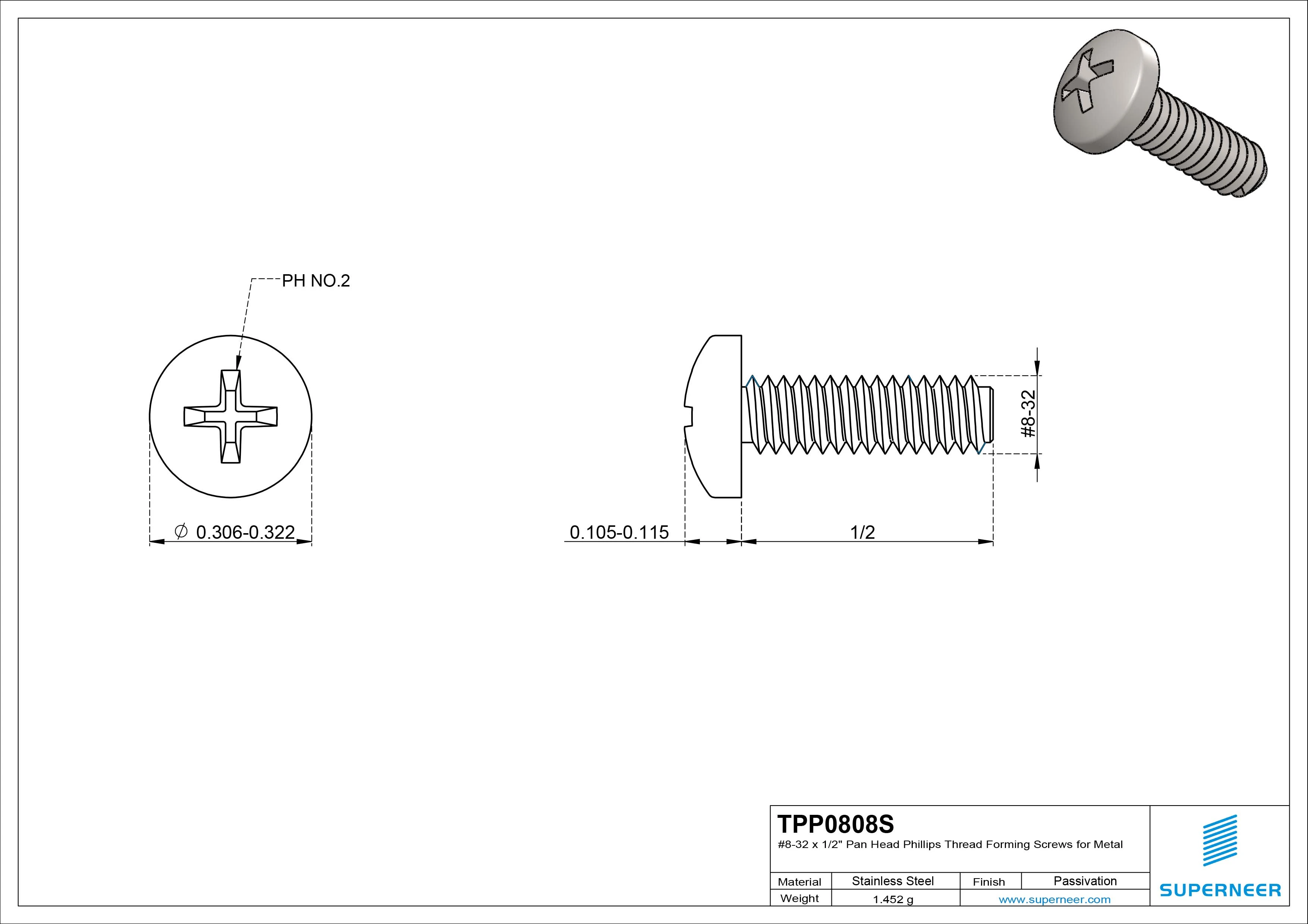 8-32 × 1/2 Pan Head Phillips Thread Forming  Screws for Metal  SUS304 Stainless Steel Inox