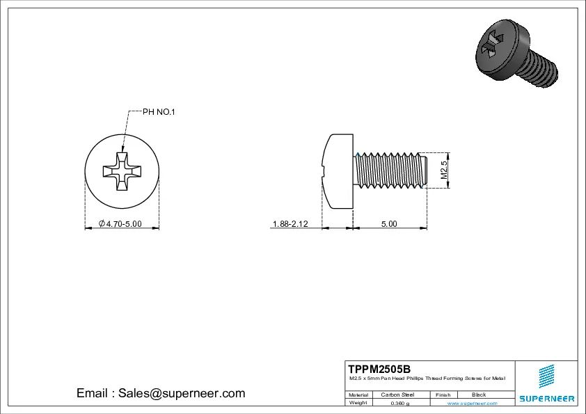 M2.5 × 5mm Pan Head Phillips Thread Forming Screws for Metal Steel Black