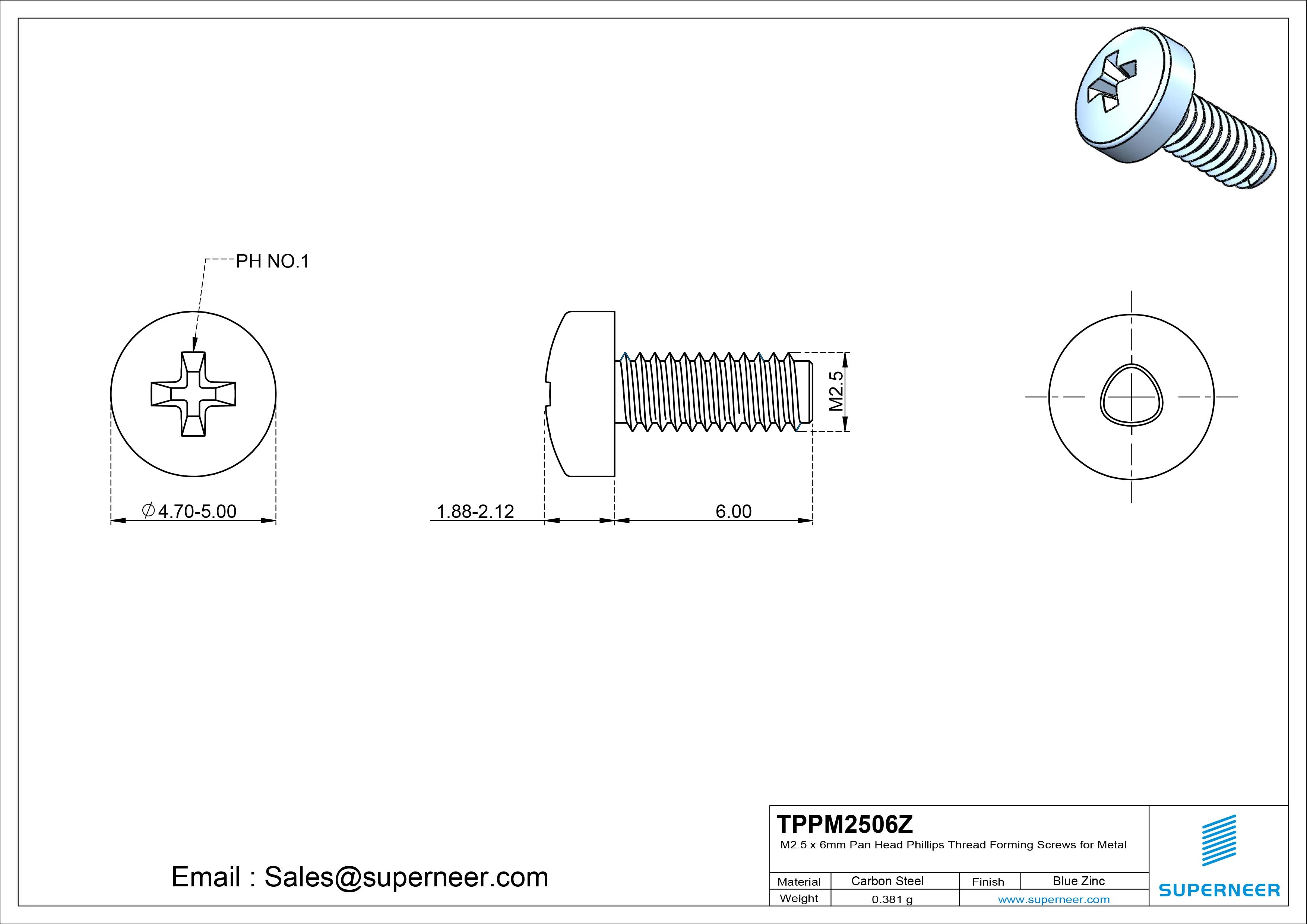 M2.5 × 6mm Pan Head Phillips Thread Forming Screws for Metal Steel Blue Zinc Plated