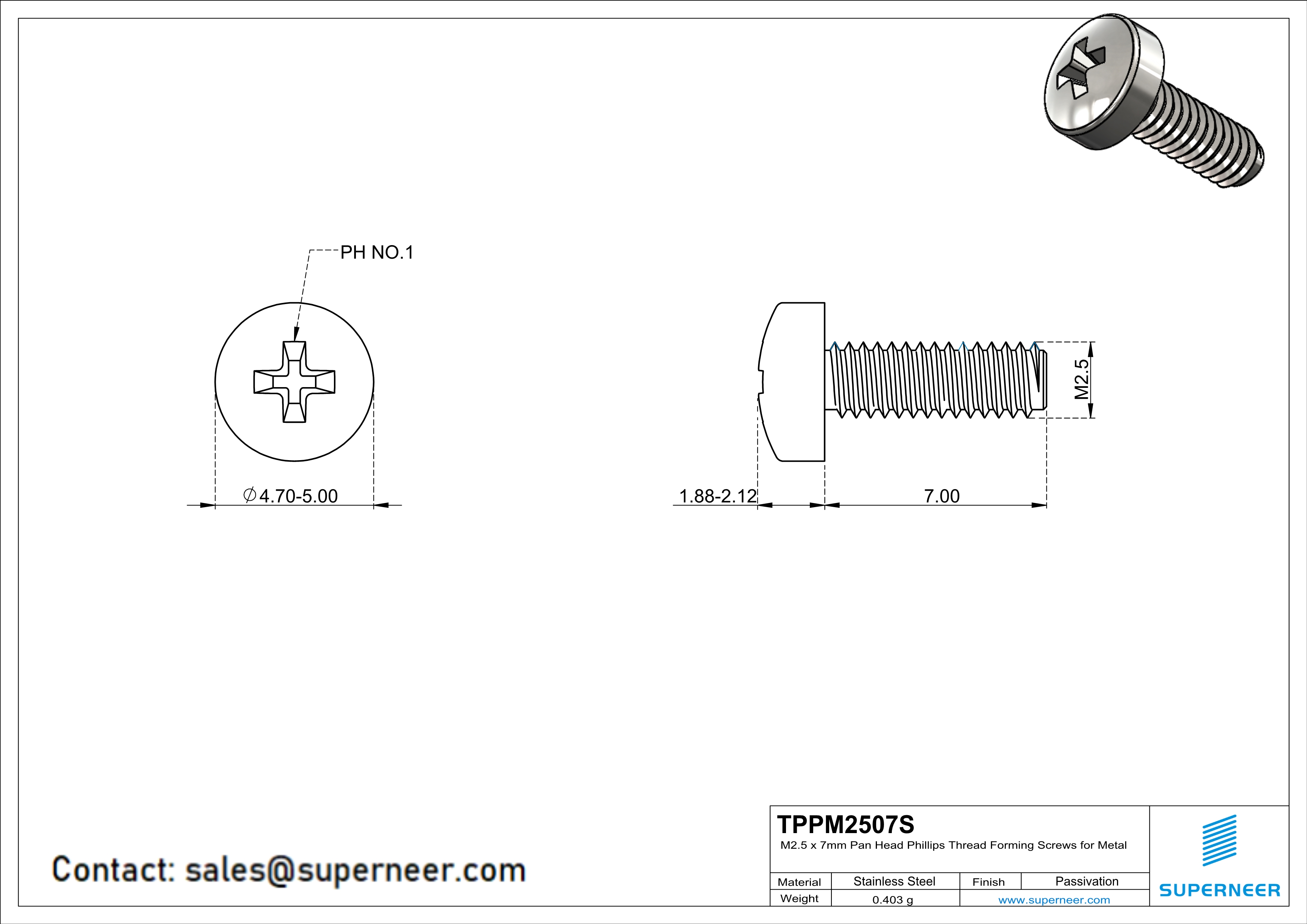 M2.5 × 7mm Pan Head Phillips Thread Forming Screws for Metal SUS304 Stainless Steel Inox